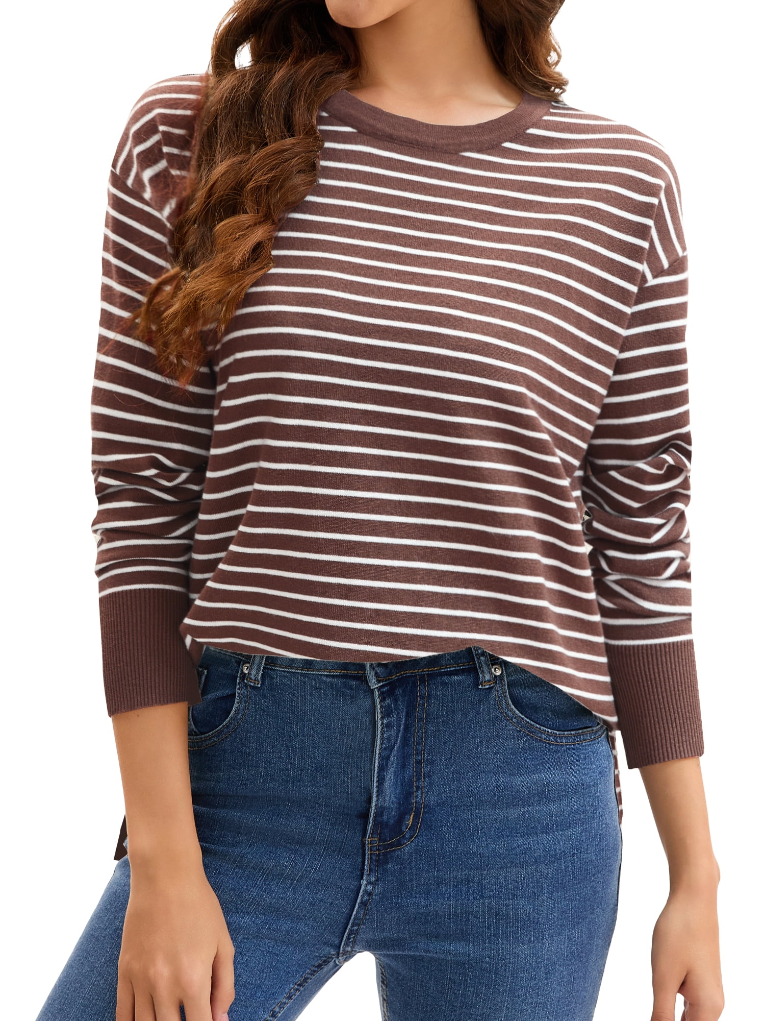 DARING DIVA Women's Striped Side Slits Long Sleeve Pullover Knit Tops L Brown-white