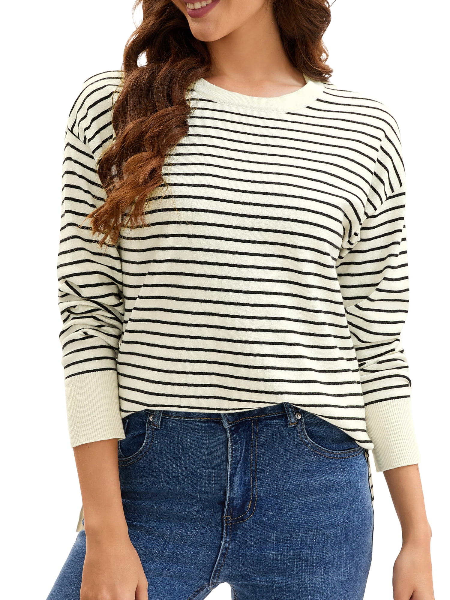 DARING DIVA Women's Striped Side Slits Long Sleeve Pullover Knit Tops M Apricot-black