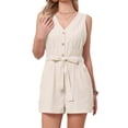 thumbnail image 1 of DARING DIVA Women's Striped Sleeveless V Neck Short Jumpsuit with Belt Large Khaki, 1 of 6