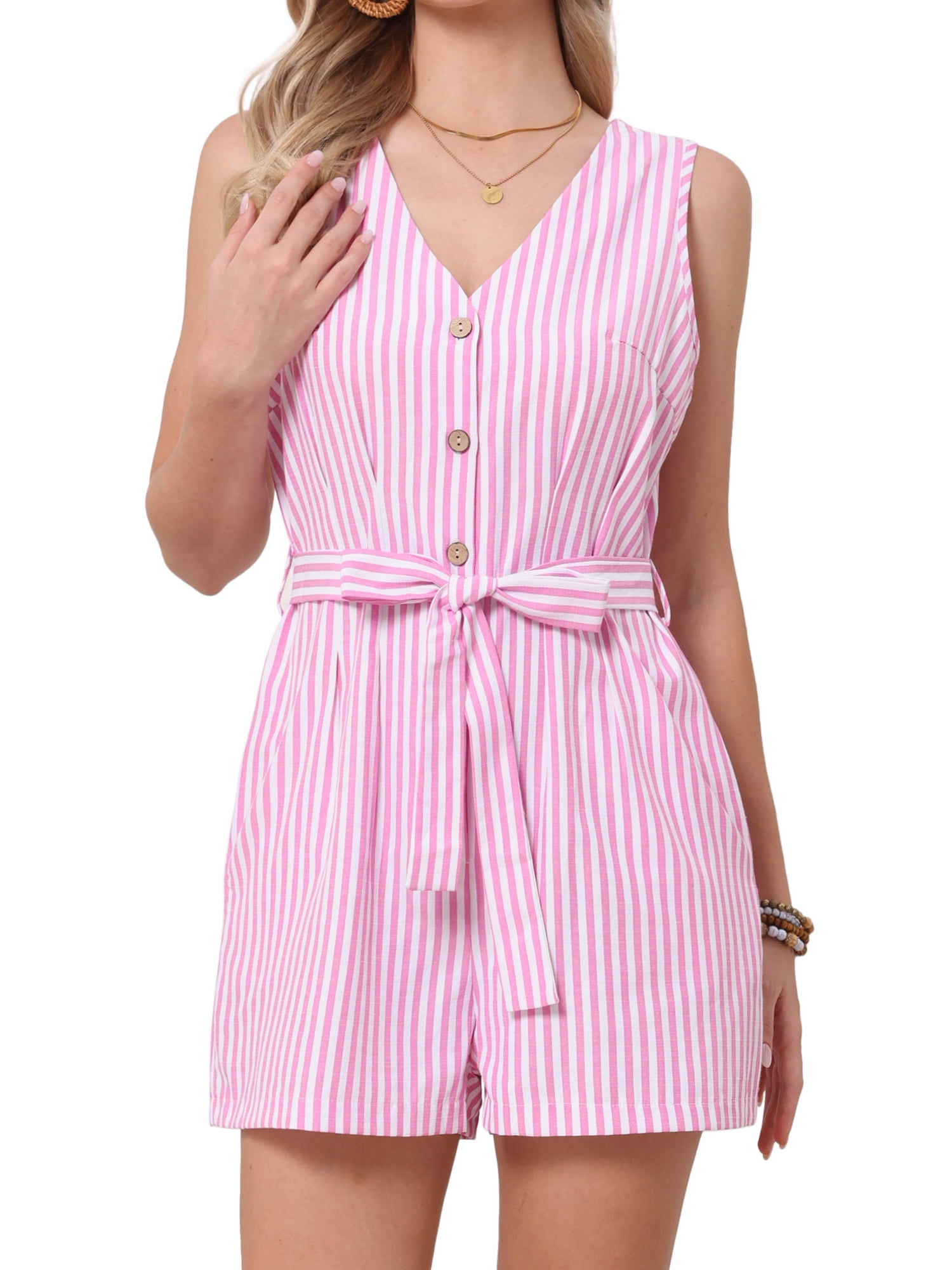 DARING DIVA Women's Striped Sleeveless V Neck Short Jumpsuit with Belt X-Large Pink