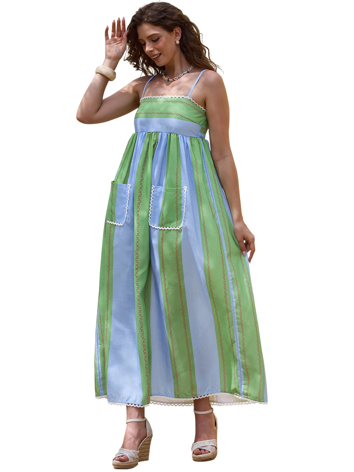DARING DIVA Women's Striped Slip Spaghetti Strap Maxi Dress S Green