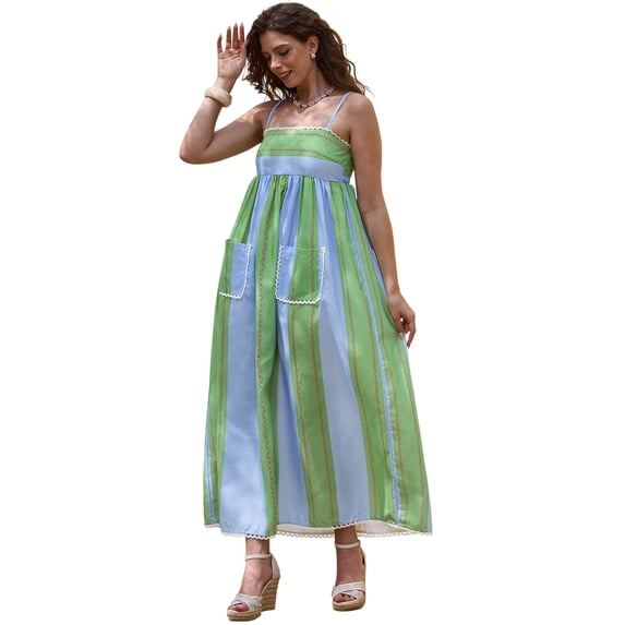 DARING DIVA Women's Striped Slip Spaghetti Strap Maxi Dress S Green