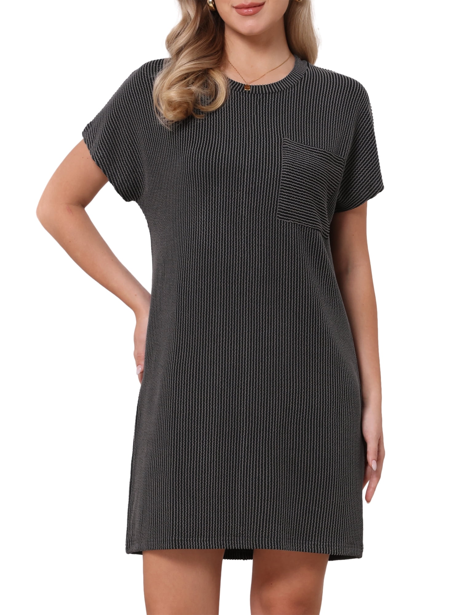 DARING DIVA Women's Striped T-Shirt Dresses Crew Neck Short Sleeve Shift Dress L Gray