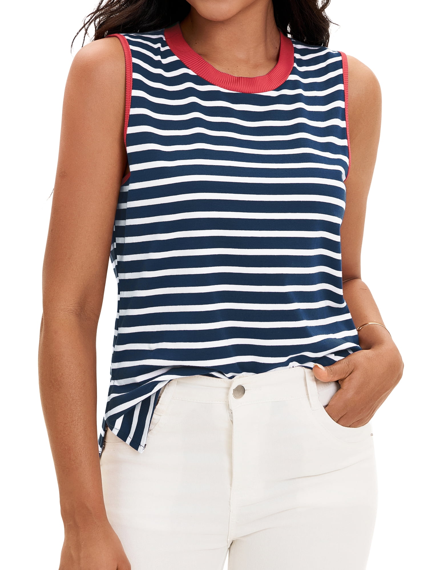 DARING DIVA Women's Striped Tank Top with Color Block L Dark Blue Red