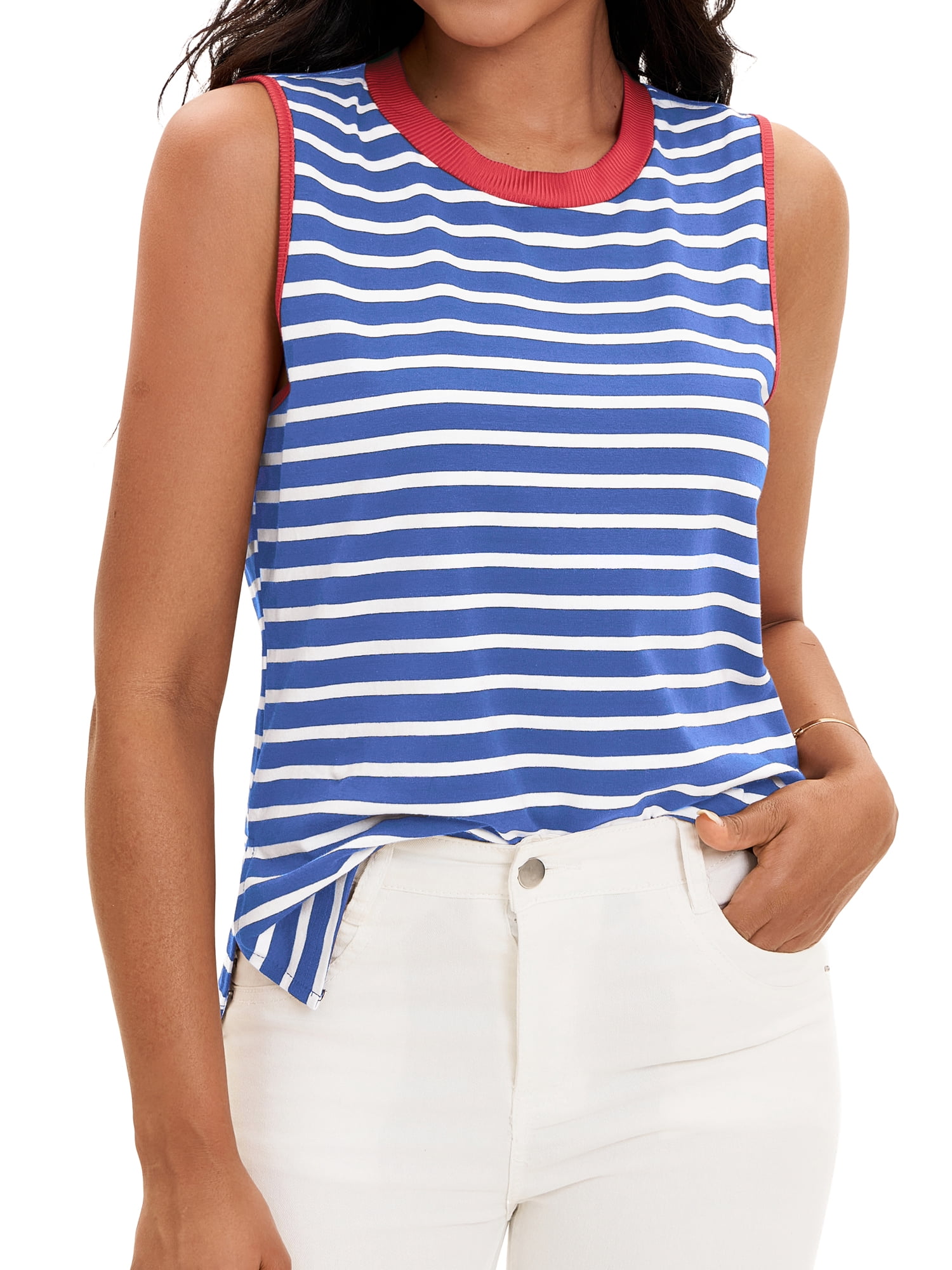 DARING DIVA Women's Striped Tank Top with Color Block XL Blue Red
