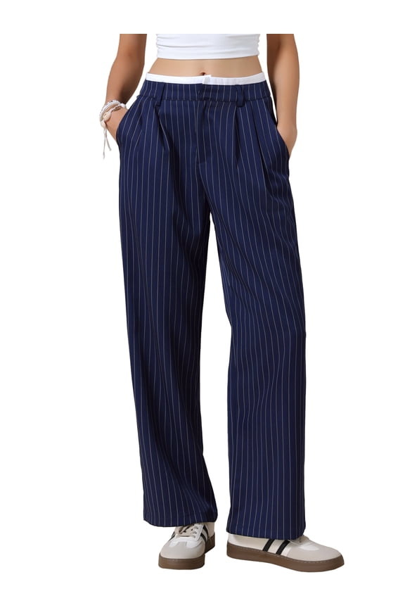 Women's Striped Wide Leg Casual Work Long Pants Medium Navy Blue