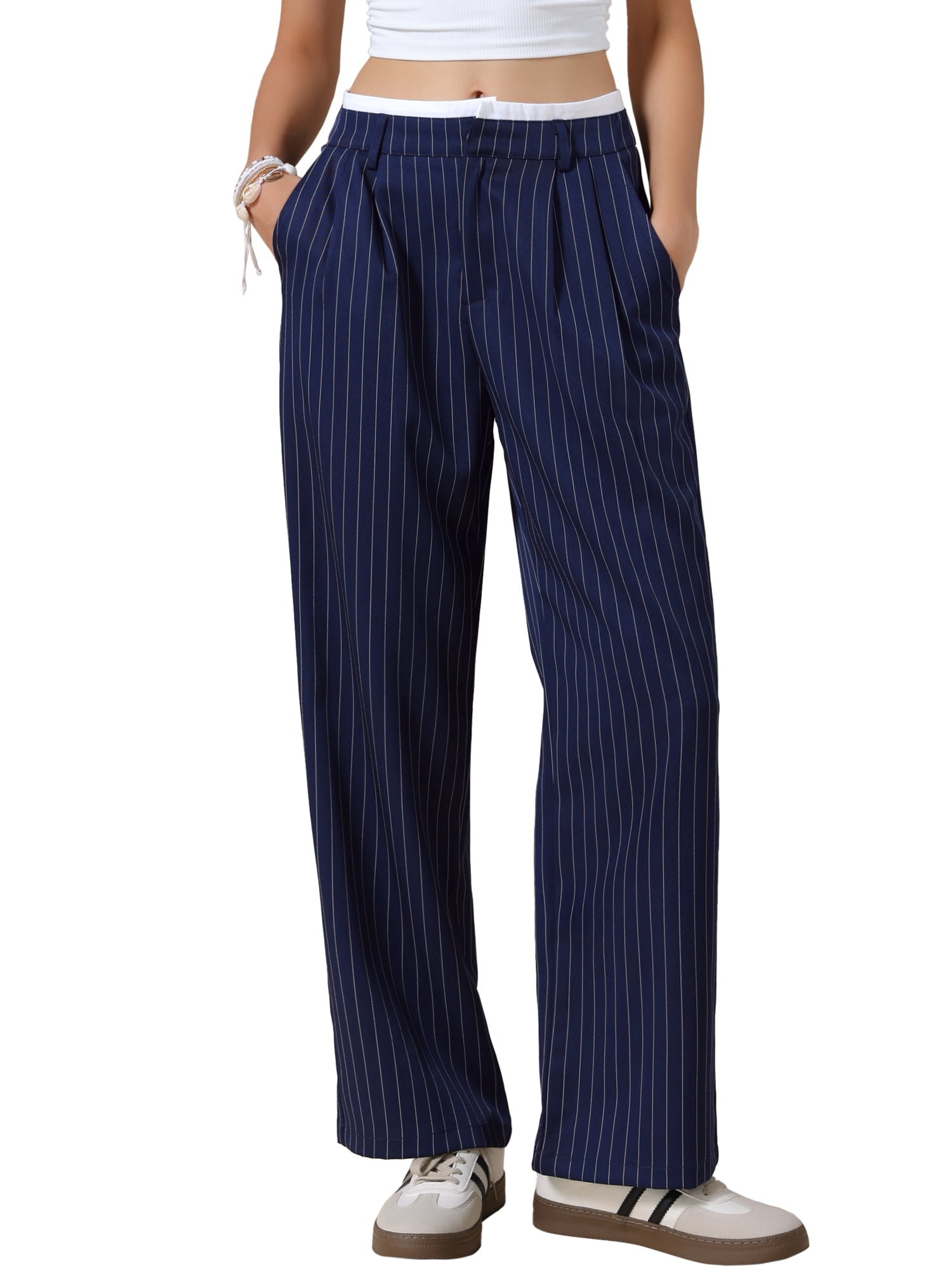 DARING DIVA Women's Striped Wide Leg Casual Work Long Pants Small Navy Blue