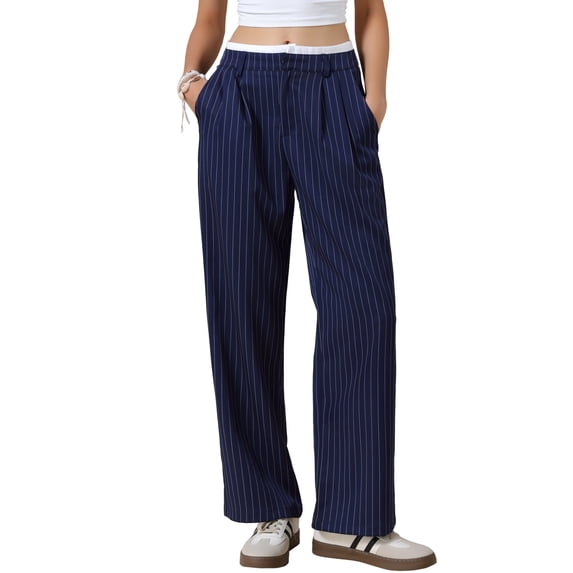 DARING DIVA Women's Striped Wide Leg Casual Work Long Pants Small Navy Blue