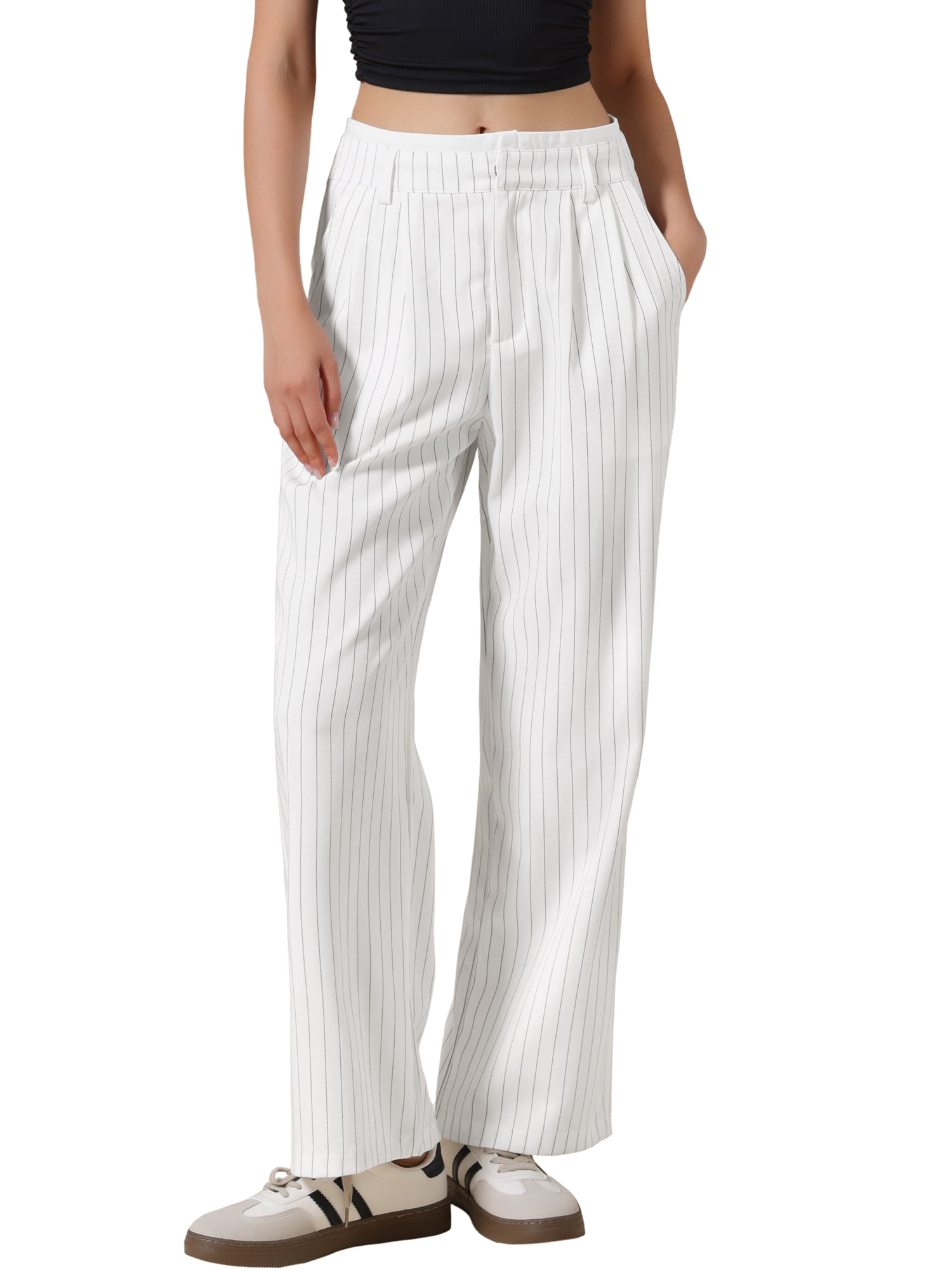 DARING DIVA Women's Striped Wide Leg Casual Work Long Pants XX-Large White