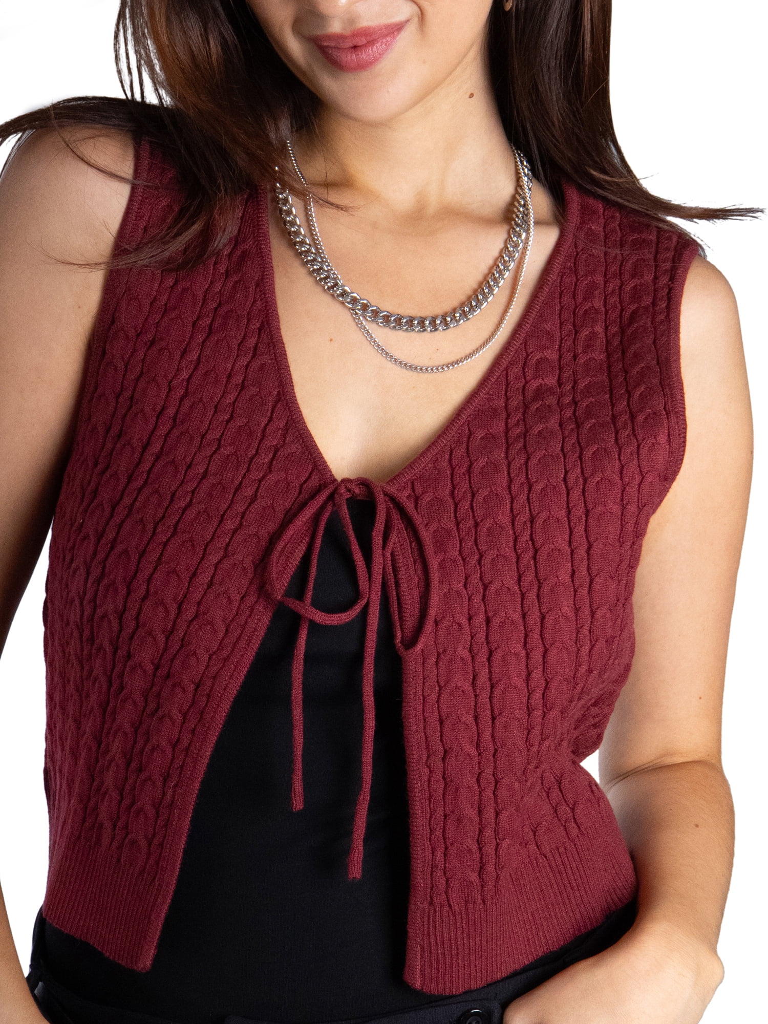 DARING DIVA Women's Stylish AK Cable Knit Tie Vest L Burgundy