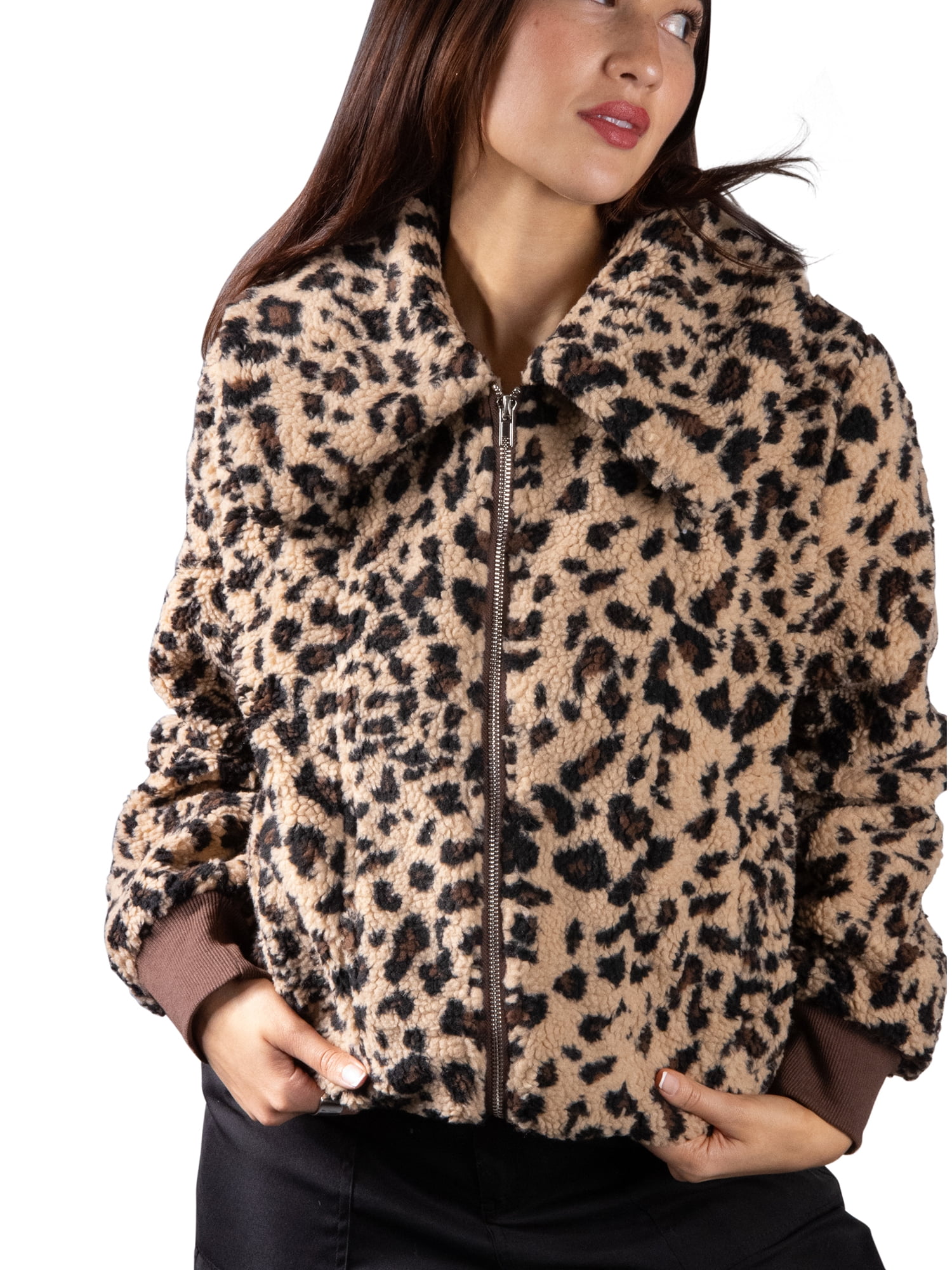 DARING DIVA Women's Stylish AK Plush Bomber Jacket L Leopard