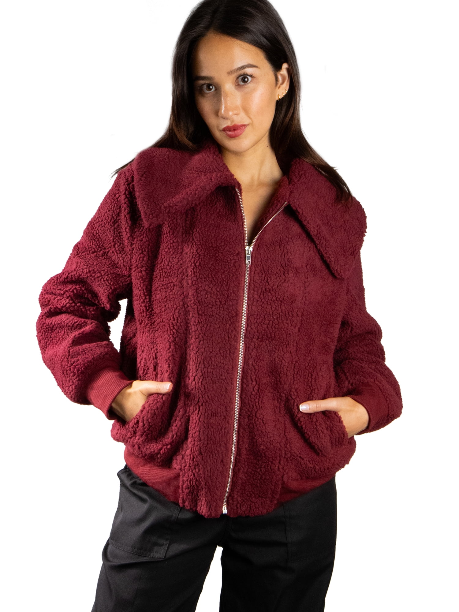 DARING DIVA Women's Stylish AK Plush Bomber Jacket M Burgundy