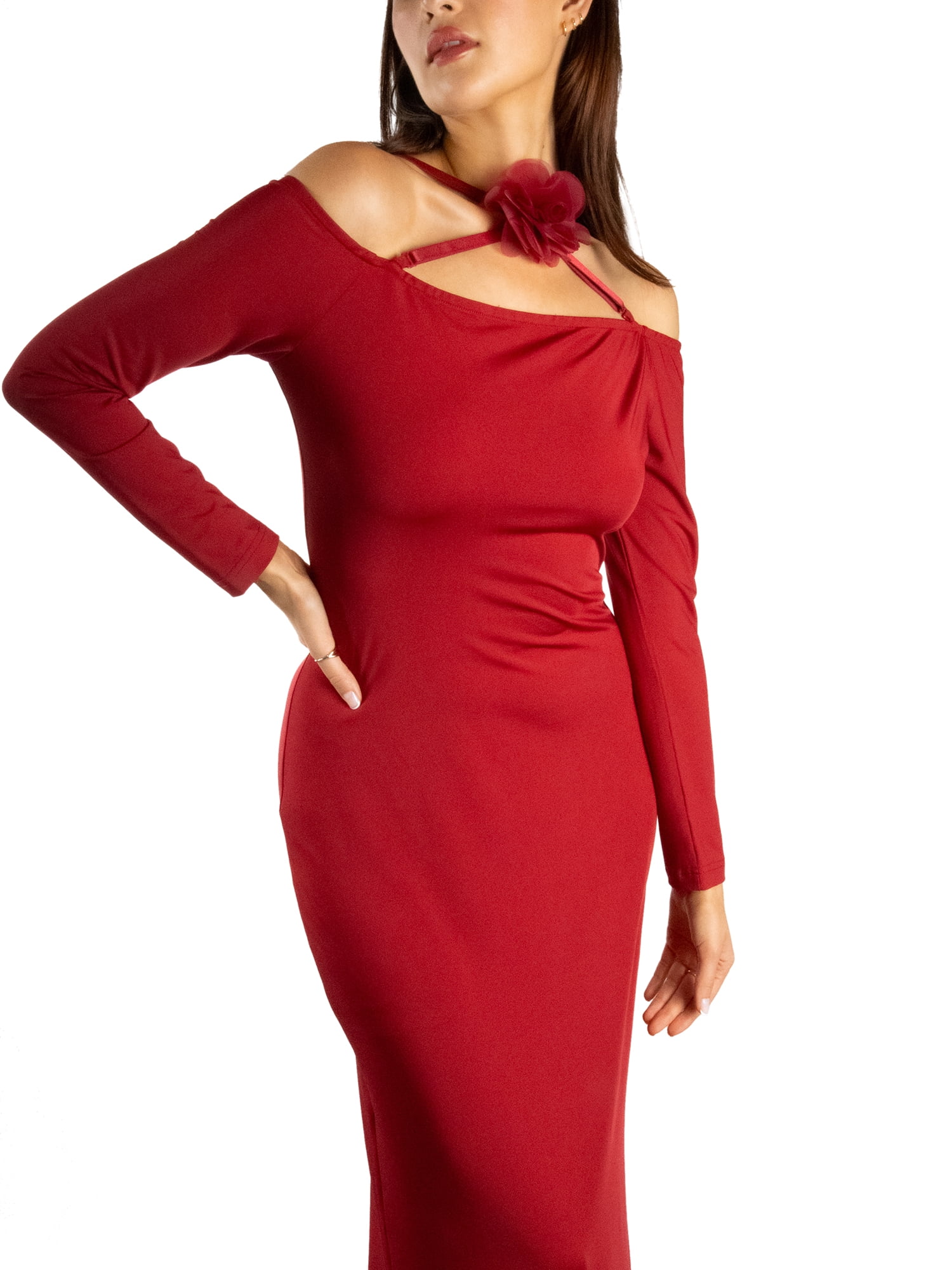 DARING DIVA Women's Stylish Bodycon Off Shoulder Maxi Dress L Burgundy