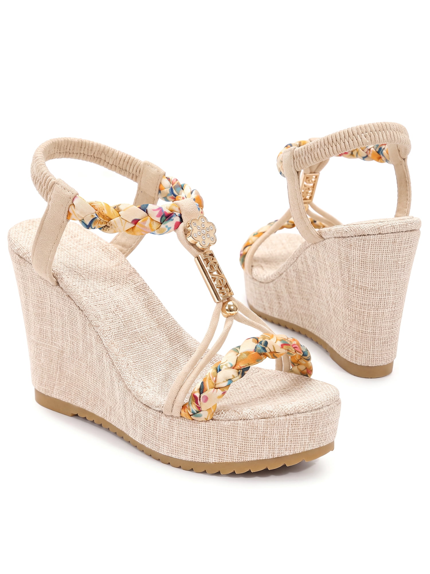 DARING DIVA Women's Stylish Bohemia Pull on Platform Wedge Heel Sandals Beige-1 6