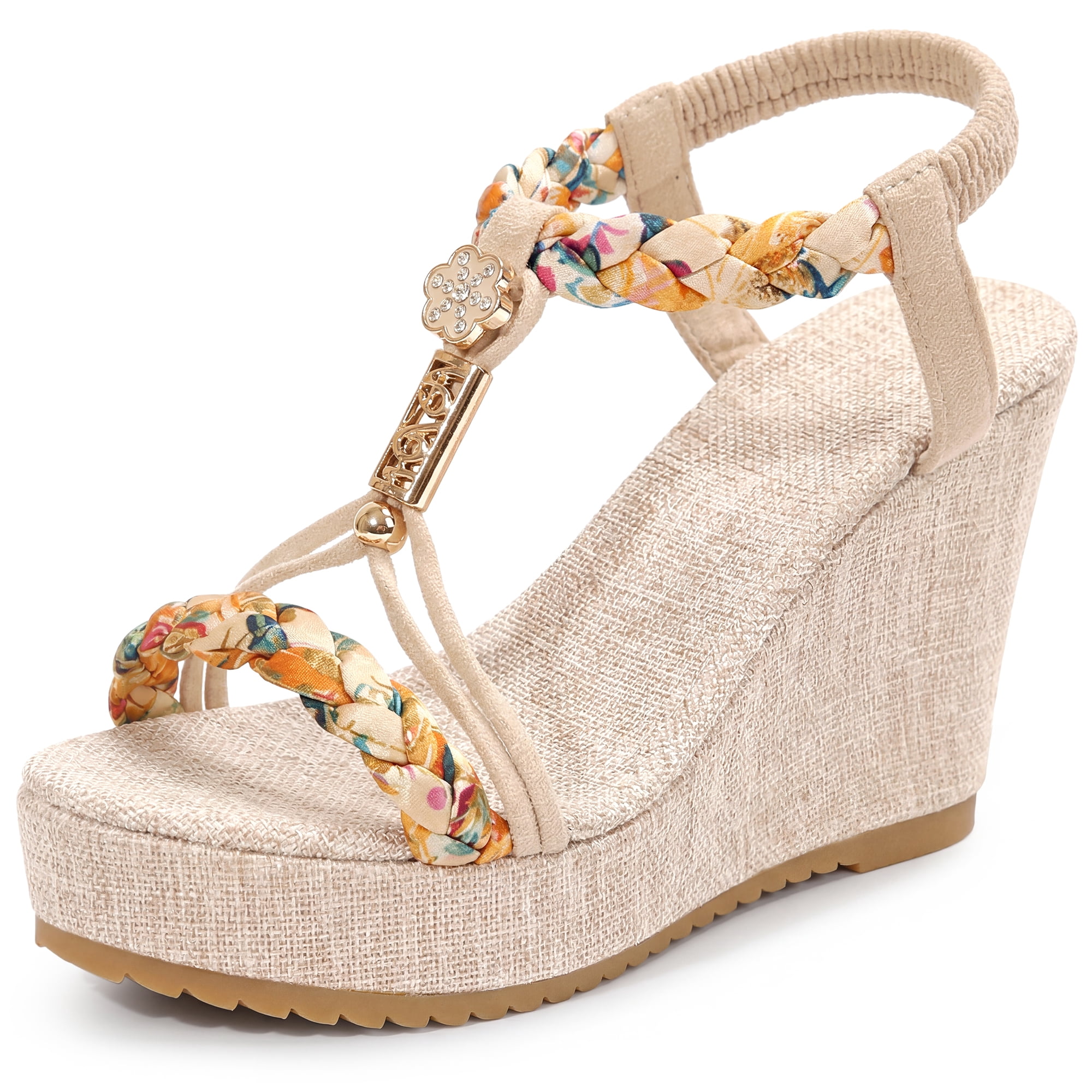 DARING DIVA Women's Stylish Bohemia Pull on Platform Wedge Heel Sandals Beige-1 7.5