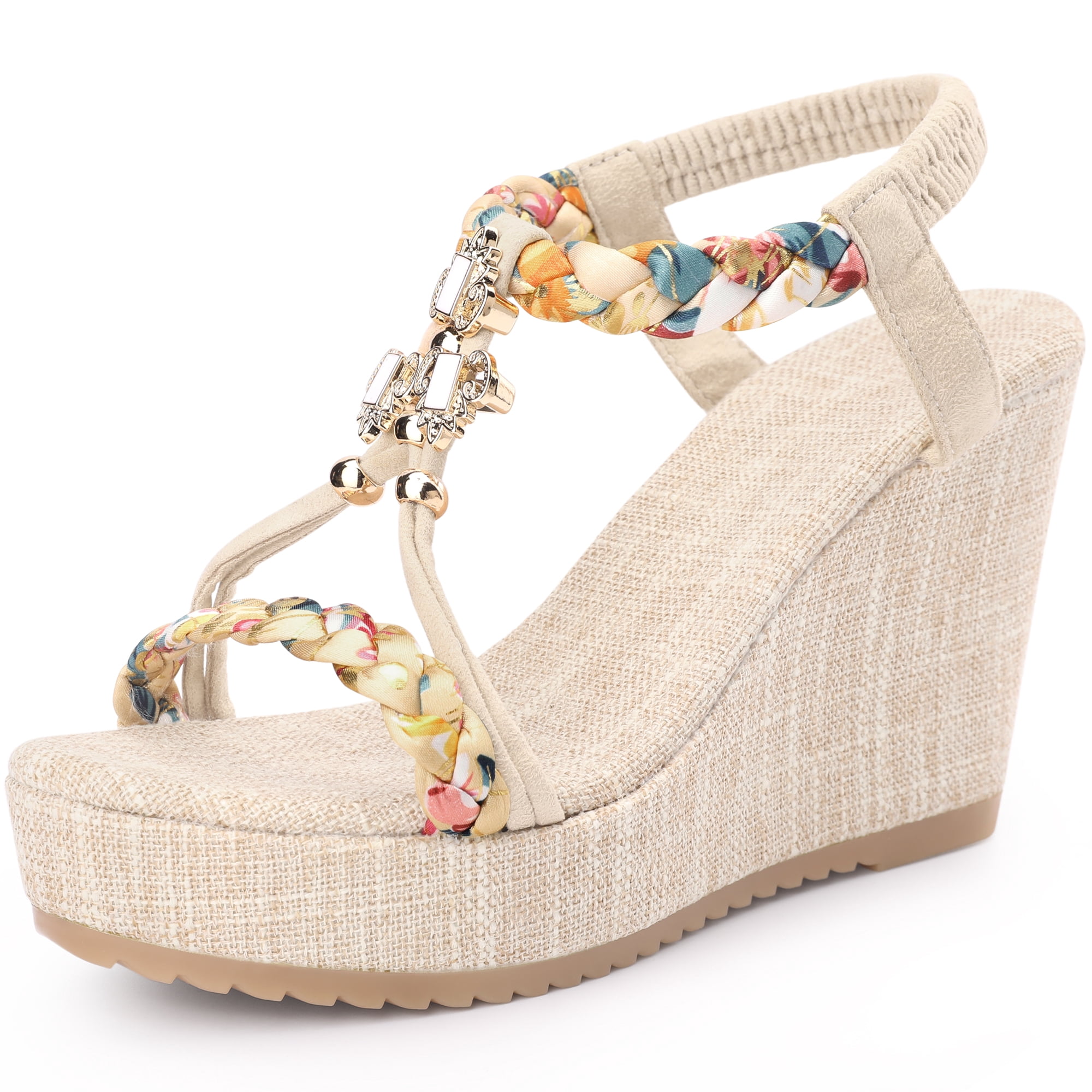 DARING DIVA Women's Stylish Bohemia Pull on Platform Wedge Heel Sandals Beige 10