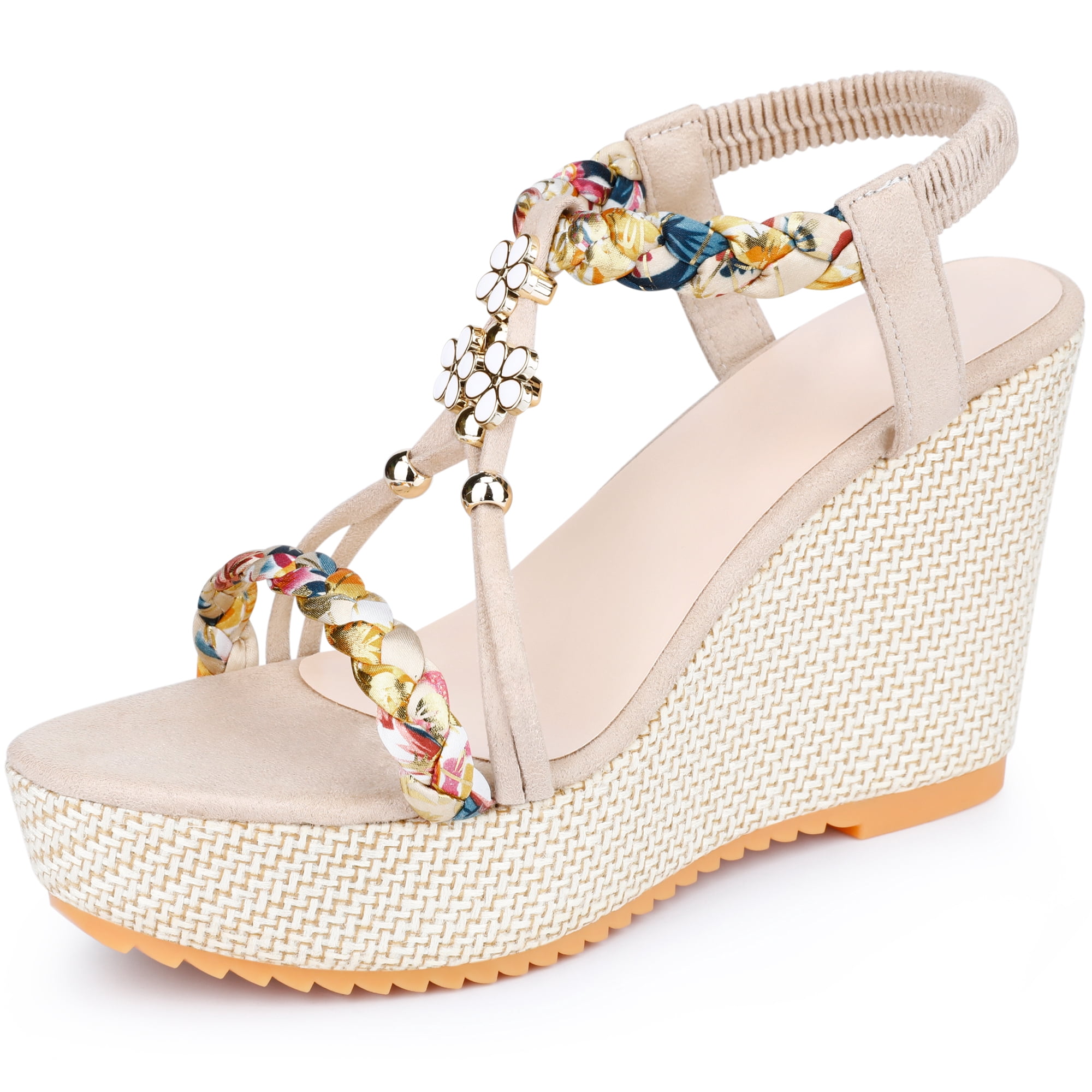 DARING DIVA Women's Stylish Bohemia Pull on Platform Wedge Heel Sandals Beige-2 6.5