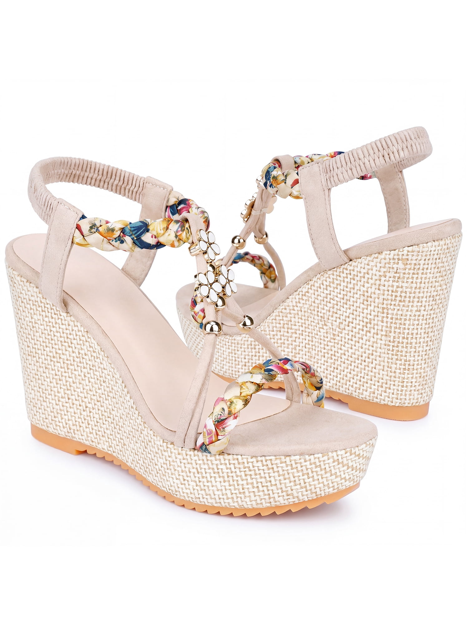 DARING DIVA Women's Stylish Bohemia Pull on Platform Wedge Heel Sandals Beige-2 6