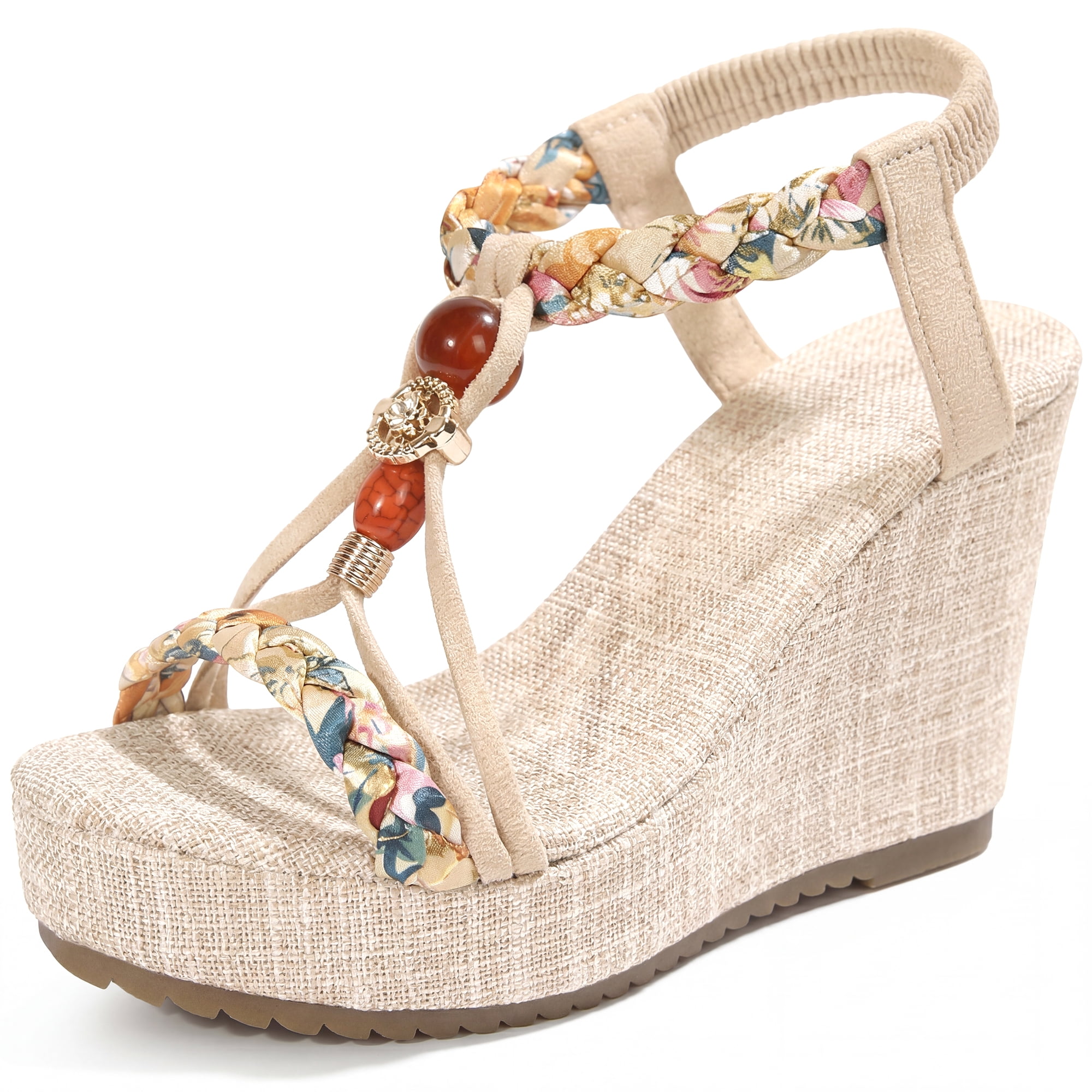 DARING DIVA Women's Stylish Bohemia Pull on Platform Wedge Heel Sandals Beige-3 8