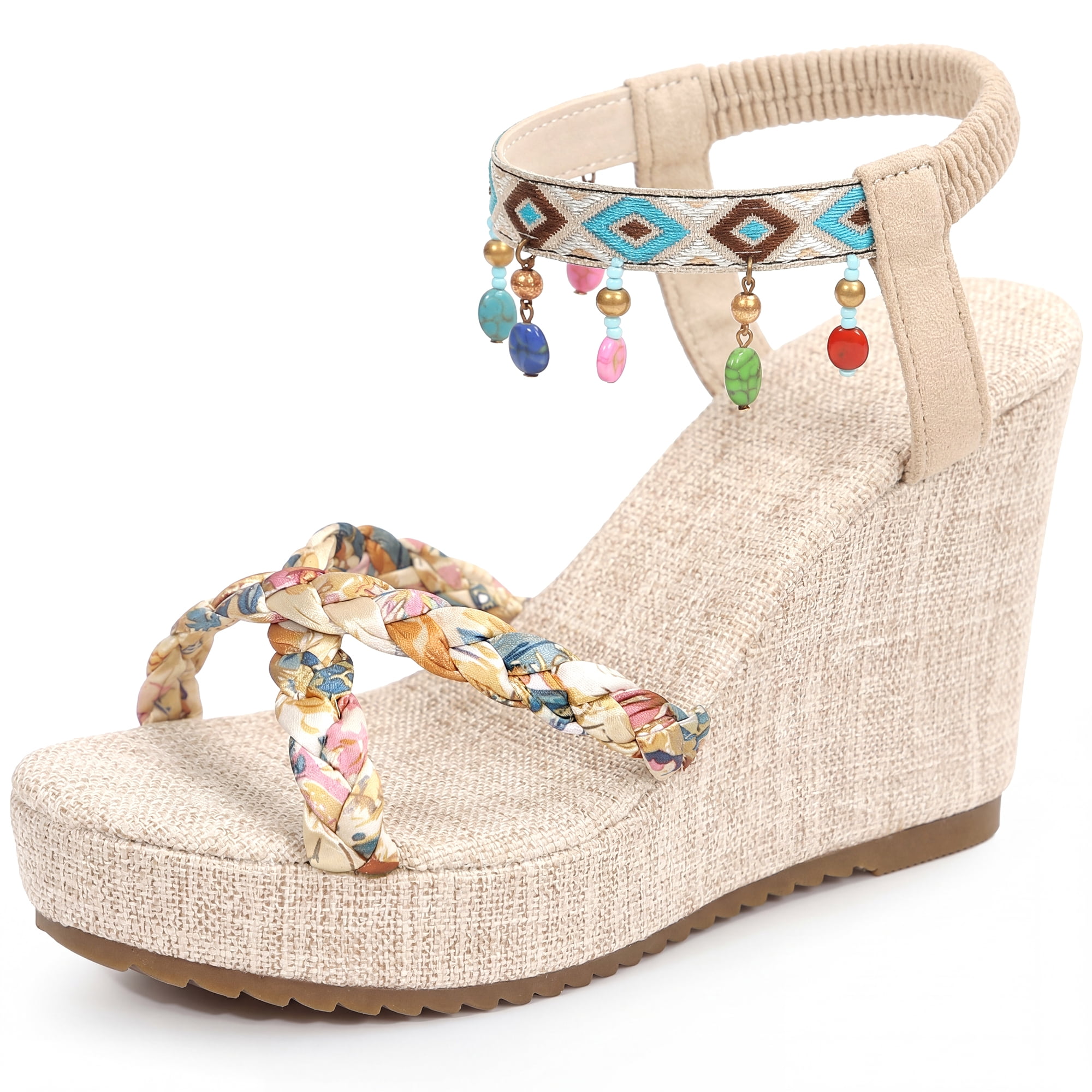 DARING DIVA Women's Stylish Bohemia Pull on Platform Wedge Heel Sandals Beige-4 10