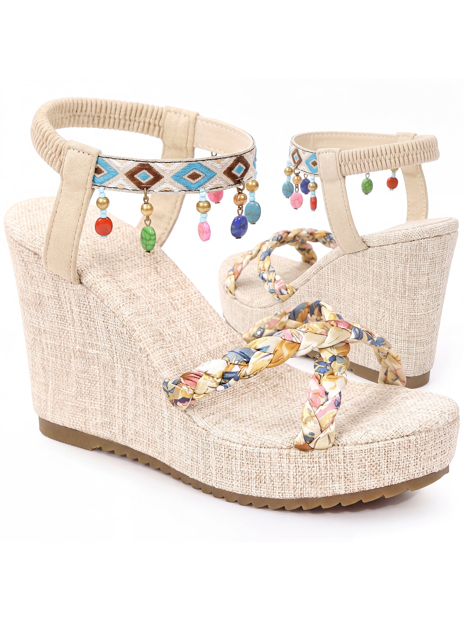 DARING DIVA Women's Stylish Bohemia Pull on Platform Wedge Heel Sandals Beige-4 6