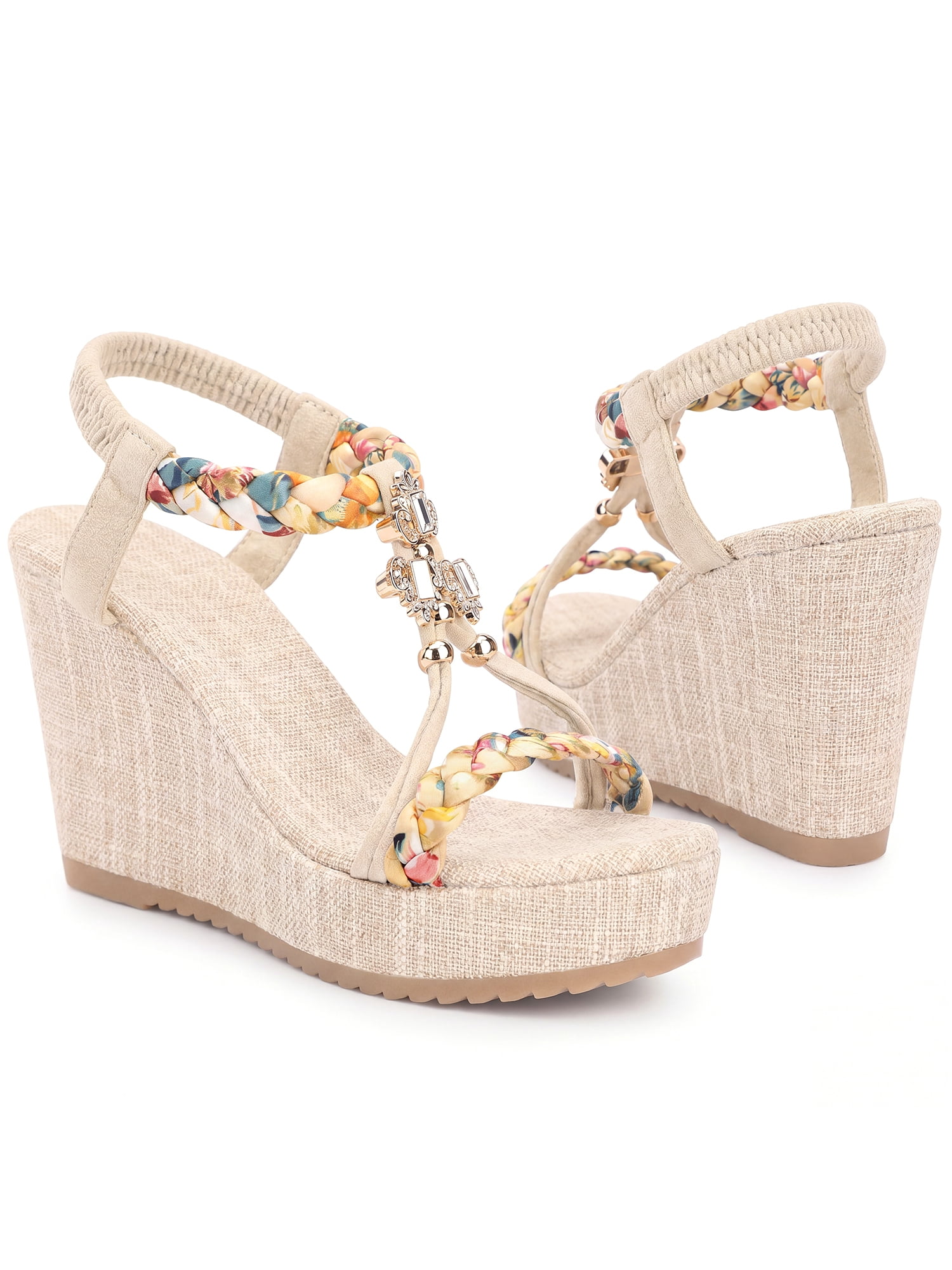 DARING DIVA Women's Stylish Bohemia Pull on Platform Wedge Heel Sandals Beige 6