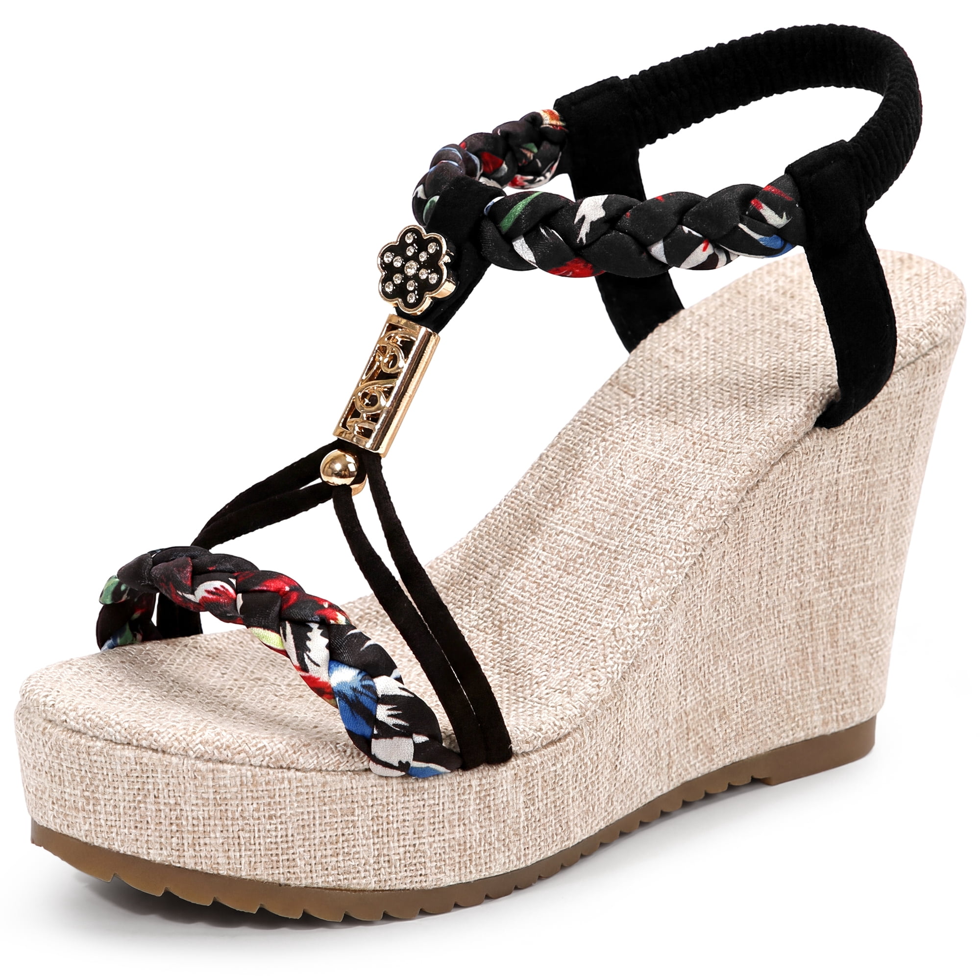 DARING DIVA Women's Stylish Bohemia Pull on Platform Wedge Heel Sandals Black-1 9.5