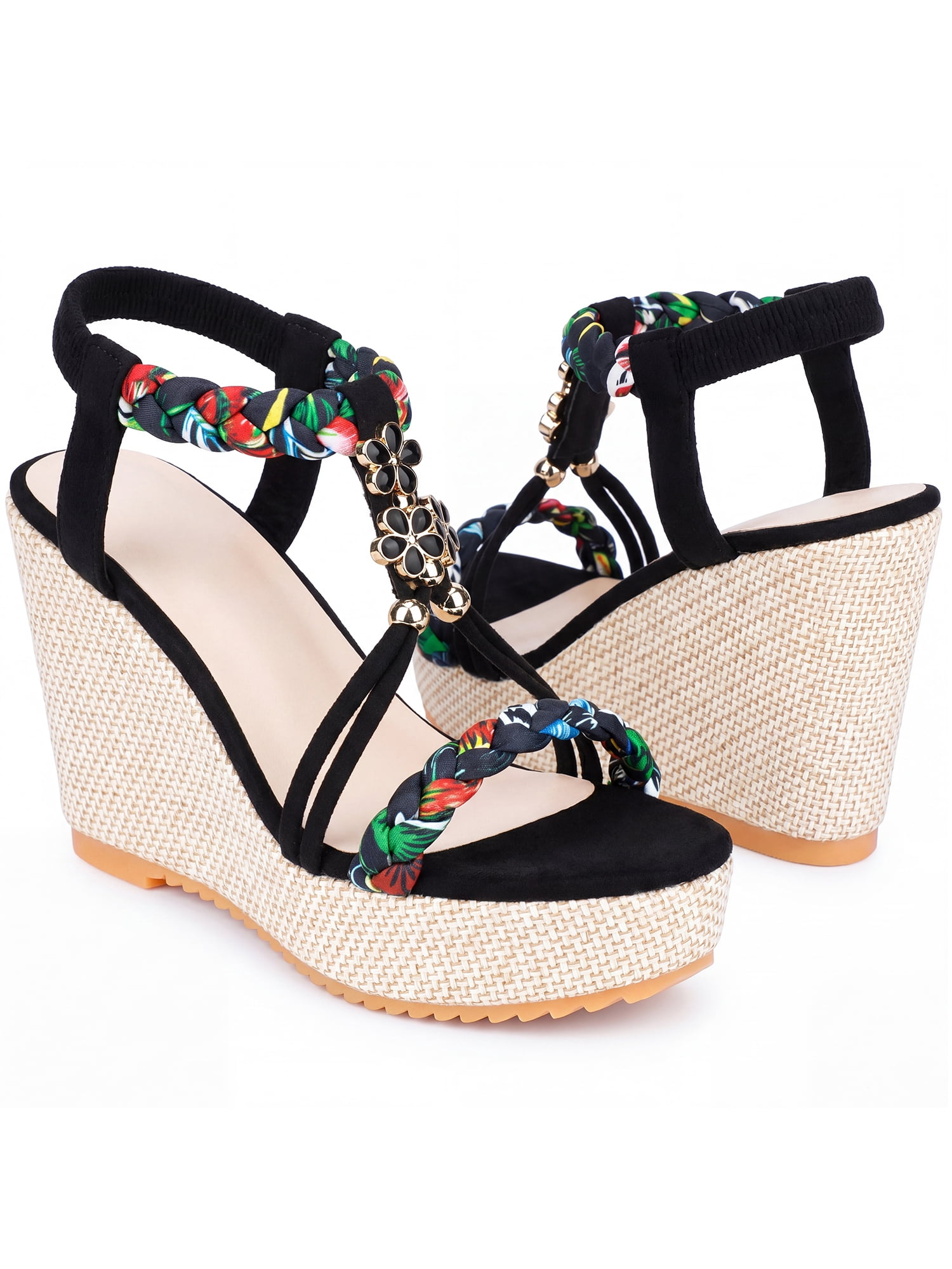 DARING DIVA Women's Stylish Bohemia Pull on Platform Wedge Heel Sandals Black-2 6