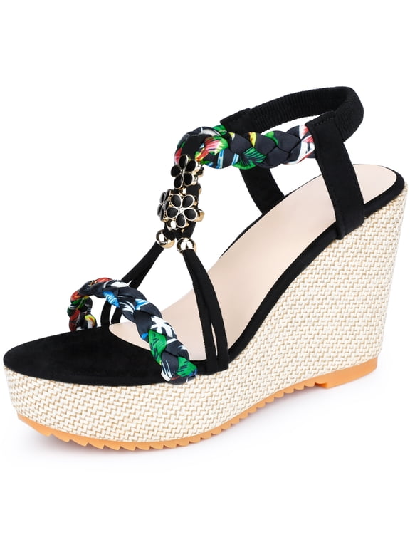 Women's Stylish Bohemia Pull on Platform Wedge Heel Sandals Black-2 8.5