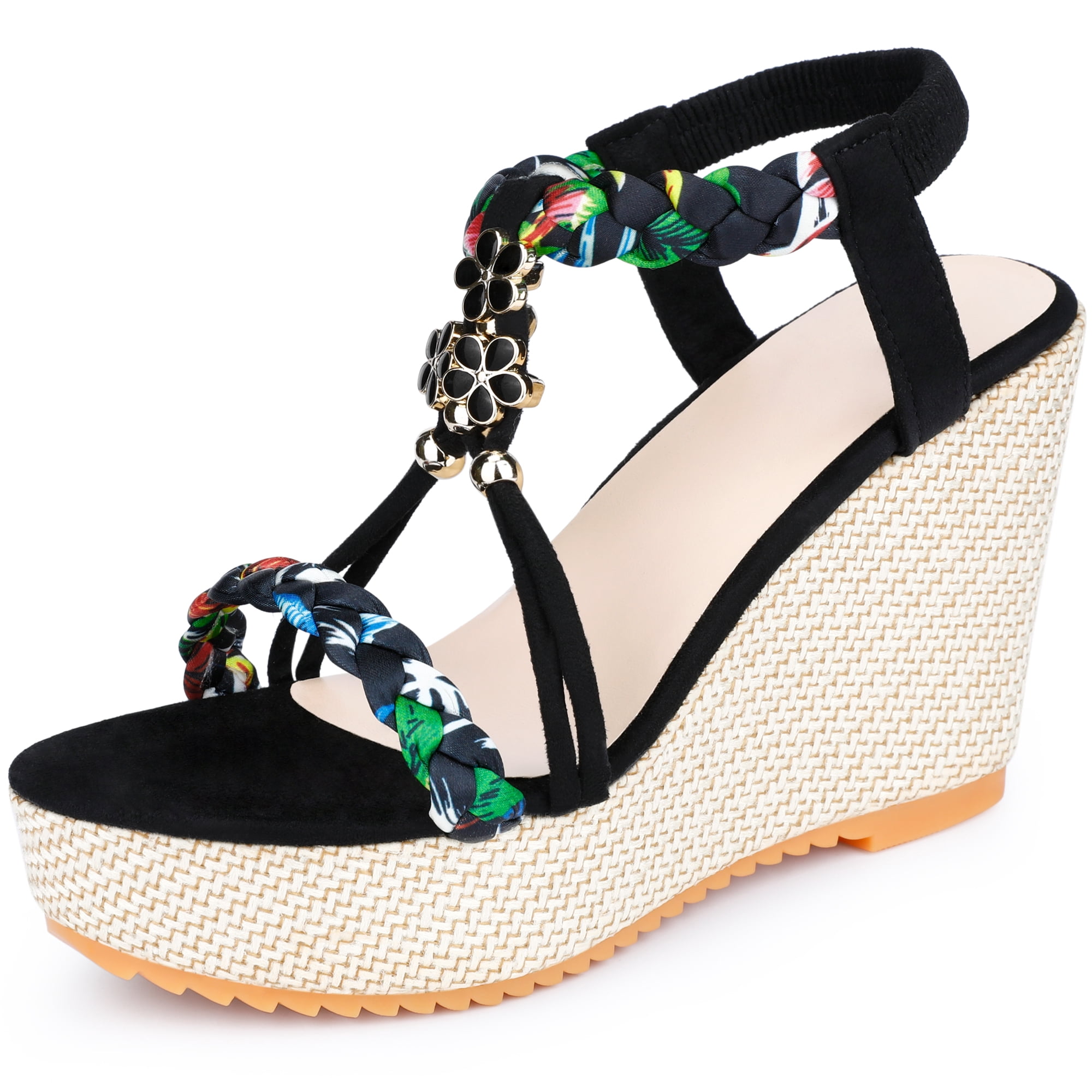 DARING DIVA Women's Stylish Bohemia Pull on Platform Wedge Heel Sandals Black-2 8