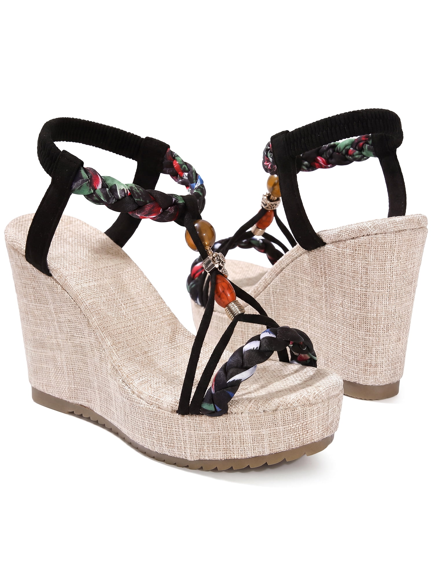DARING DIVA Women's Stylish Bohemia Pull on Platform Wedge Heel Sandals Black-3 6