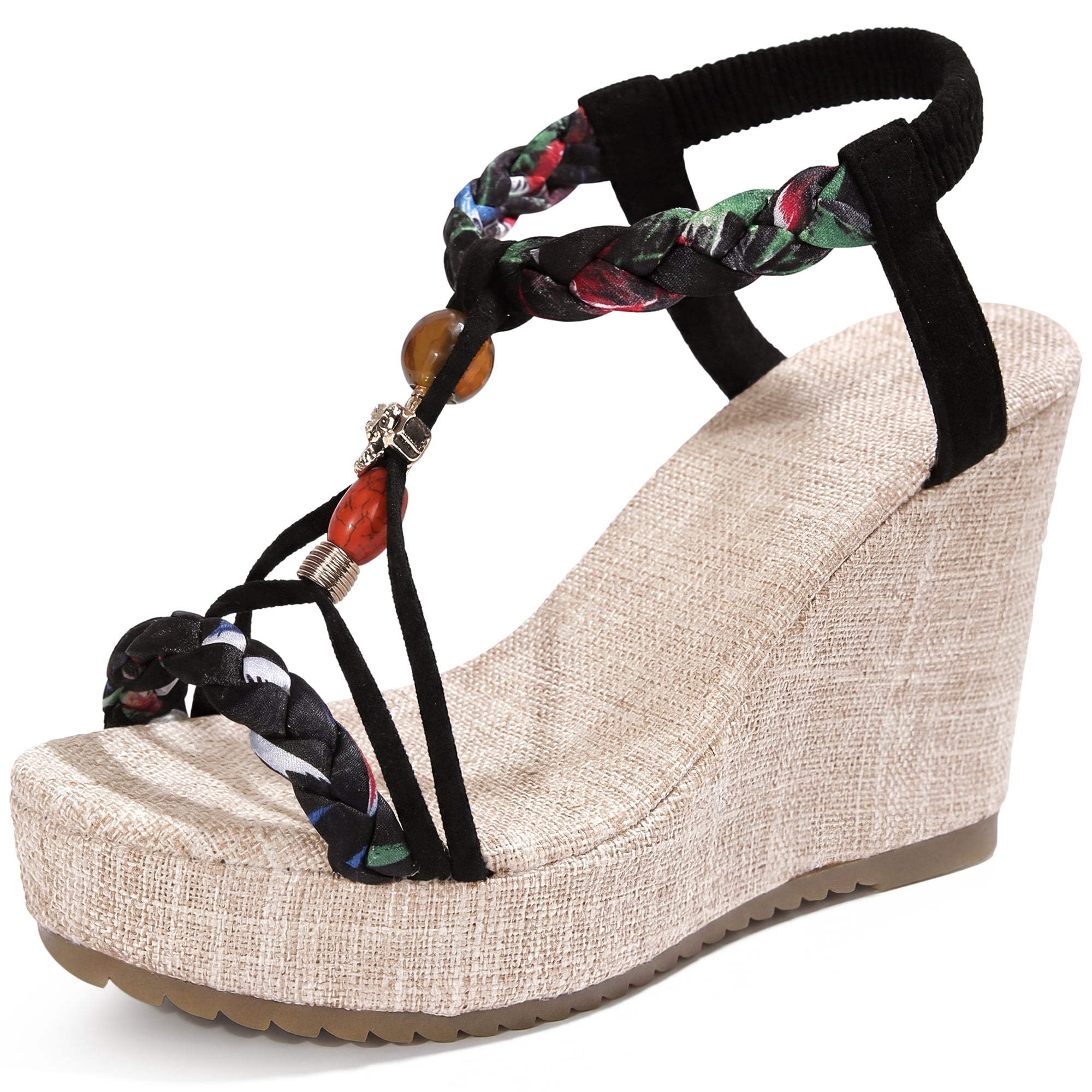 DARING DIVA Women's Stylish Bohemia Pull on Platform Wedge Heel Sandals Black-3 8.5