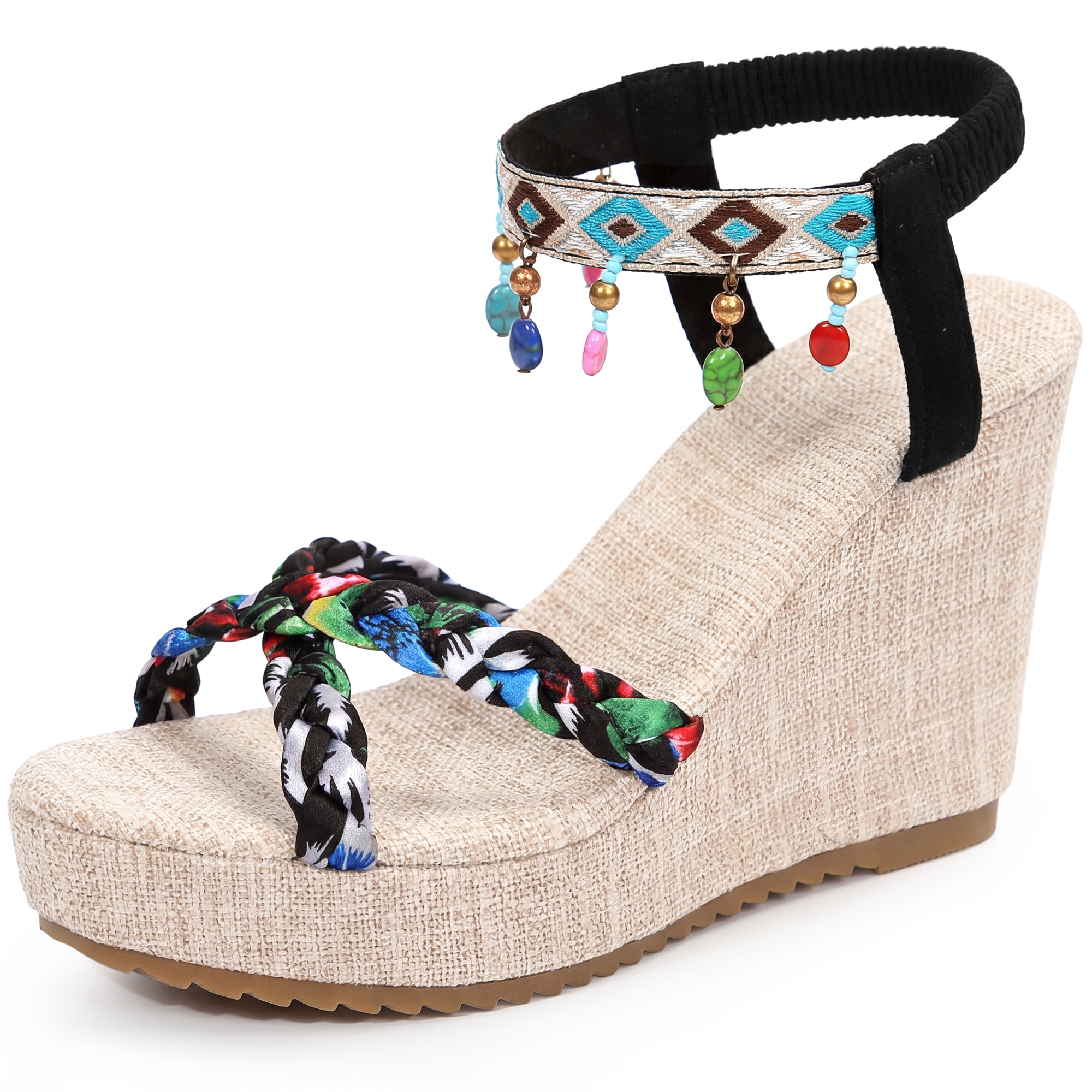 DARING DIVA Women's Stylish Bohemia Pull on Platform Wedge Heel Sandals Black-4 6.5