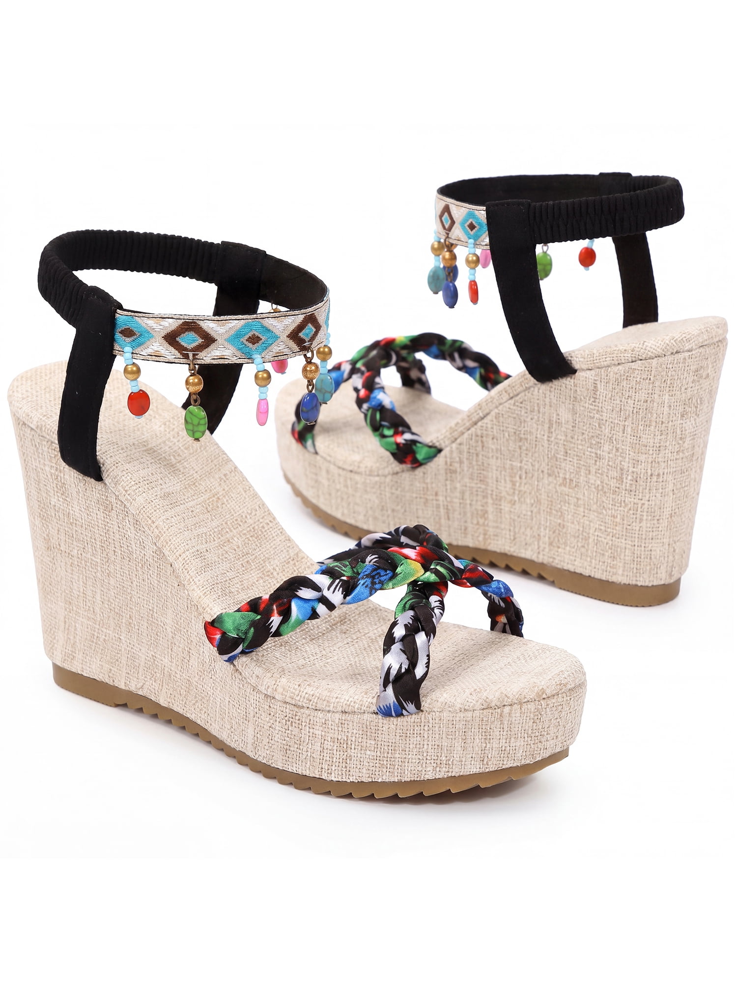 DARING DIVA Women's Stylish Bohemia Pull on Platform Wedge Heel Sandals Black-4 6