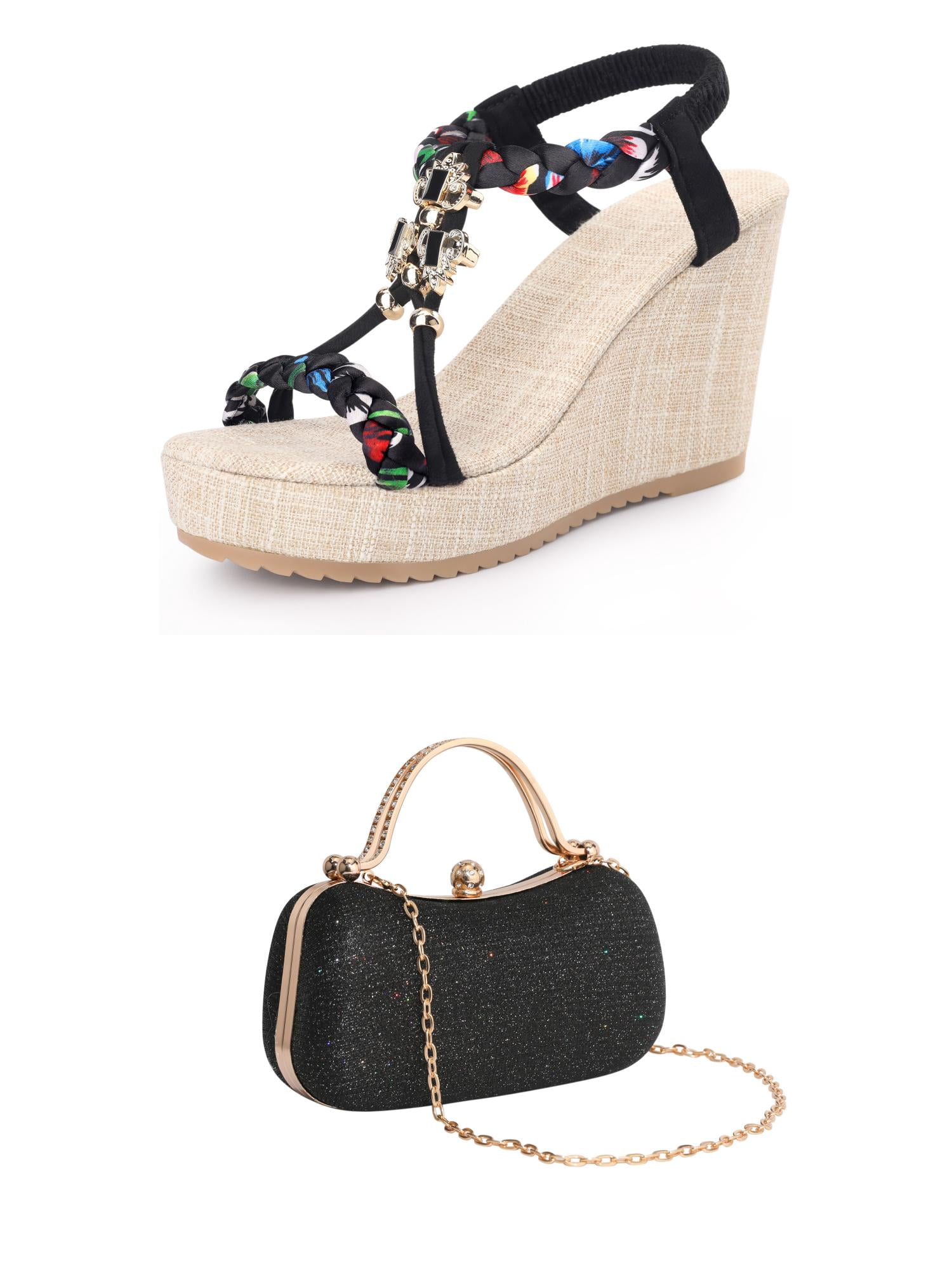 DARING DIVA Women's Stylish Bohemia Pull on Platform Wedge Heel Sandals Black 6.5
