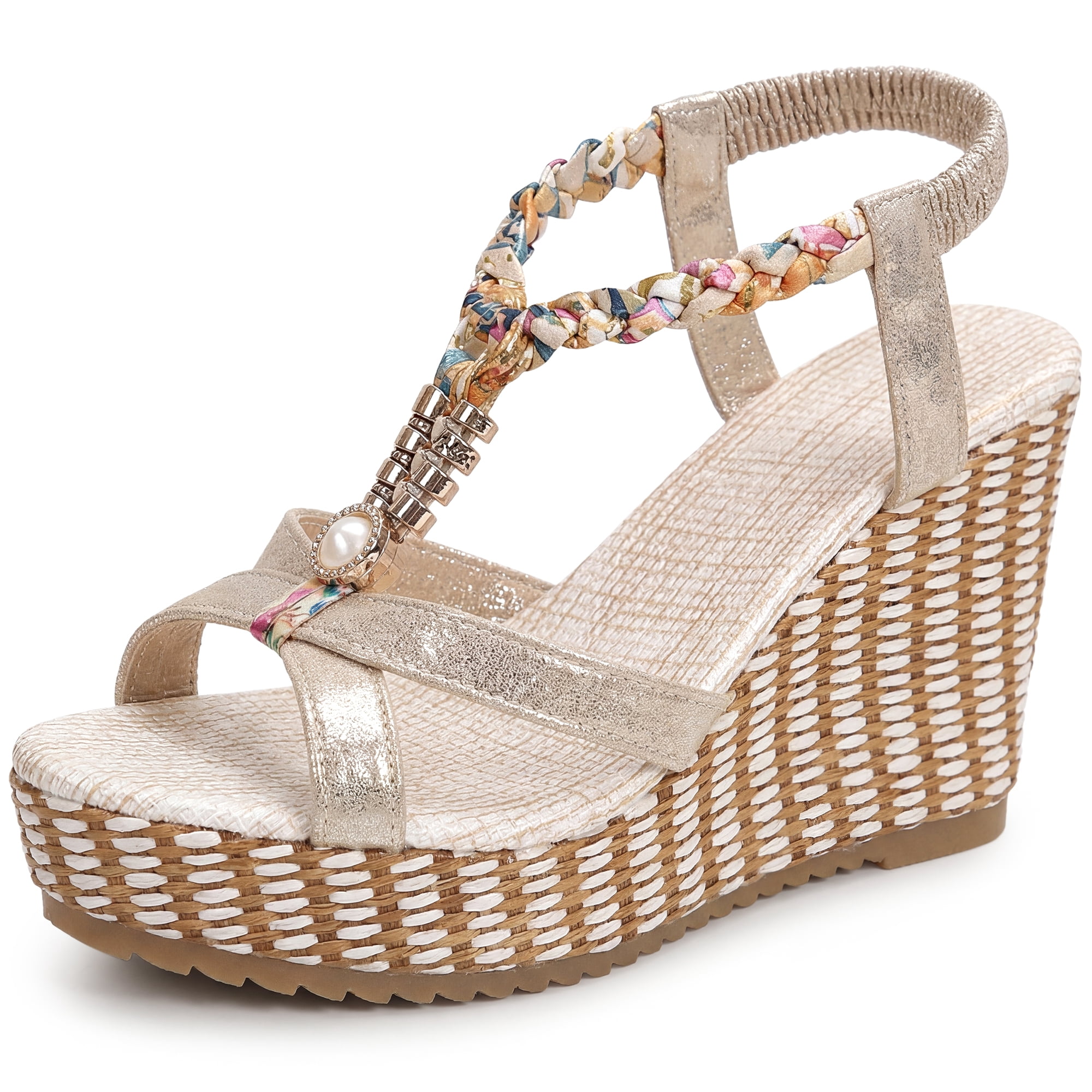DARING DIVA Women's Stylish Bohemia Pull on Platform Wedge Heel Sandals Gold 10