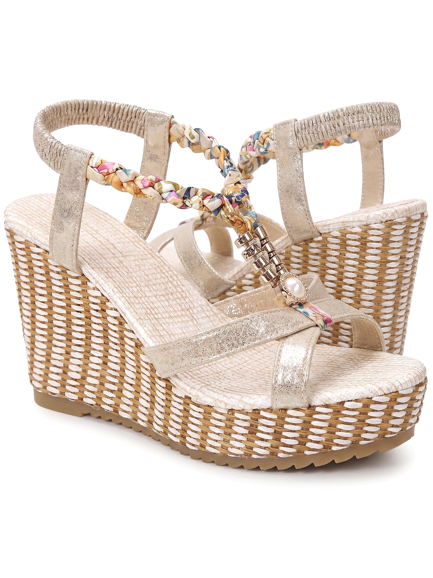 DARING DIVA Women's Stylish Bohemia Pull on Platform Wedge Heel Sandals Gold 6