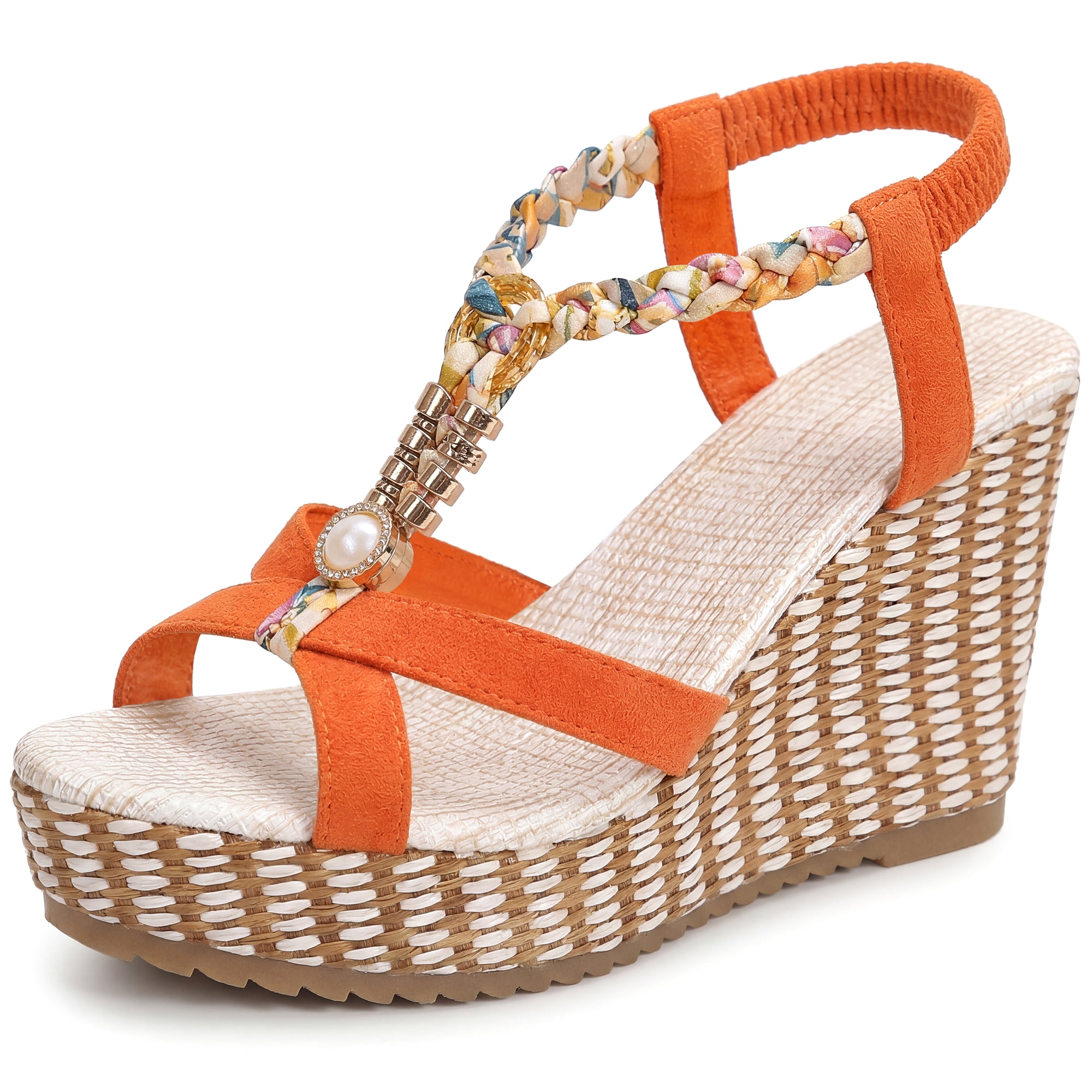 DARING DIVA Women's Stylish Bohemia Pull on Platform Wedge Heel Sandals Orange-1 10