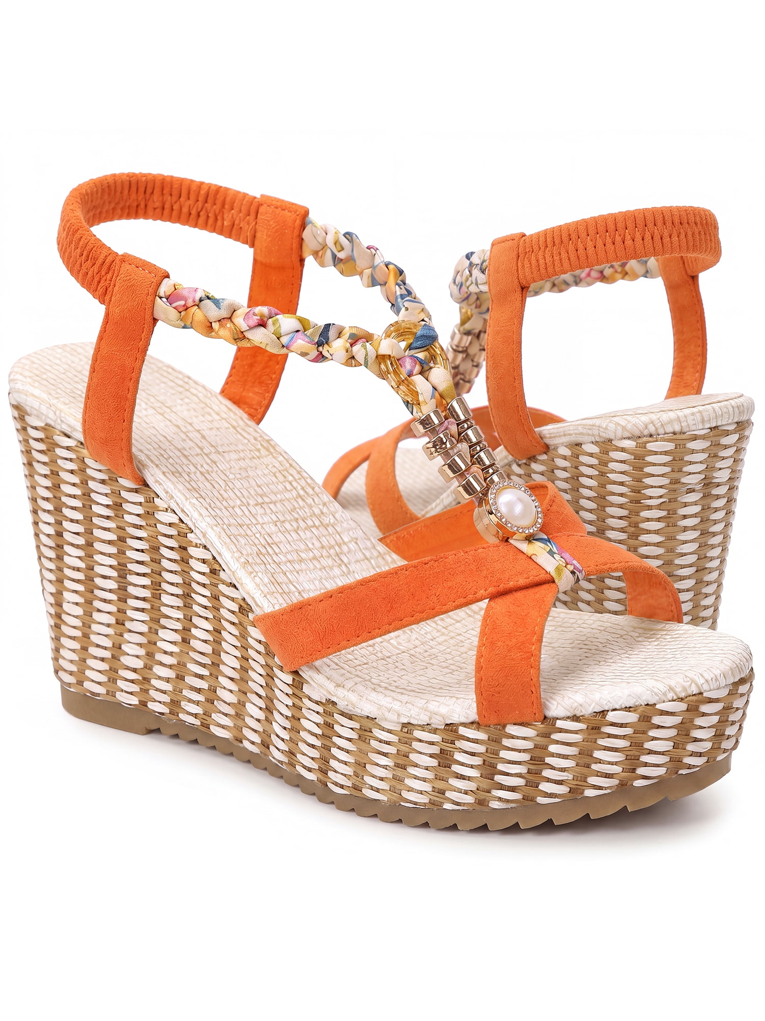 DARING DIVA Women's Stylish Bohemia Pull on Platform Wedge Heel Sandals Orange-1 6