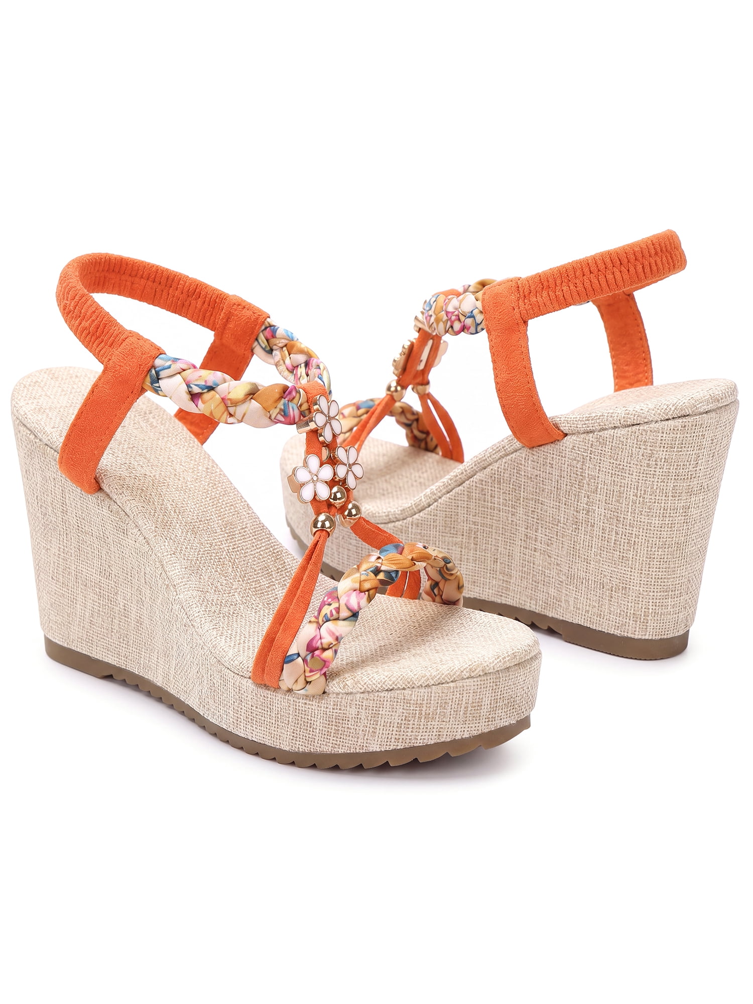 DARING DIVA Women's Stylish Bohemia Pull on Platform Wedge Heel Sandals Orange-2 6