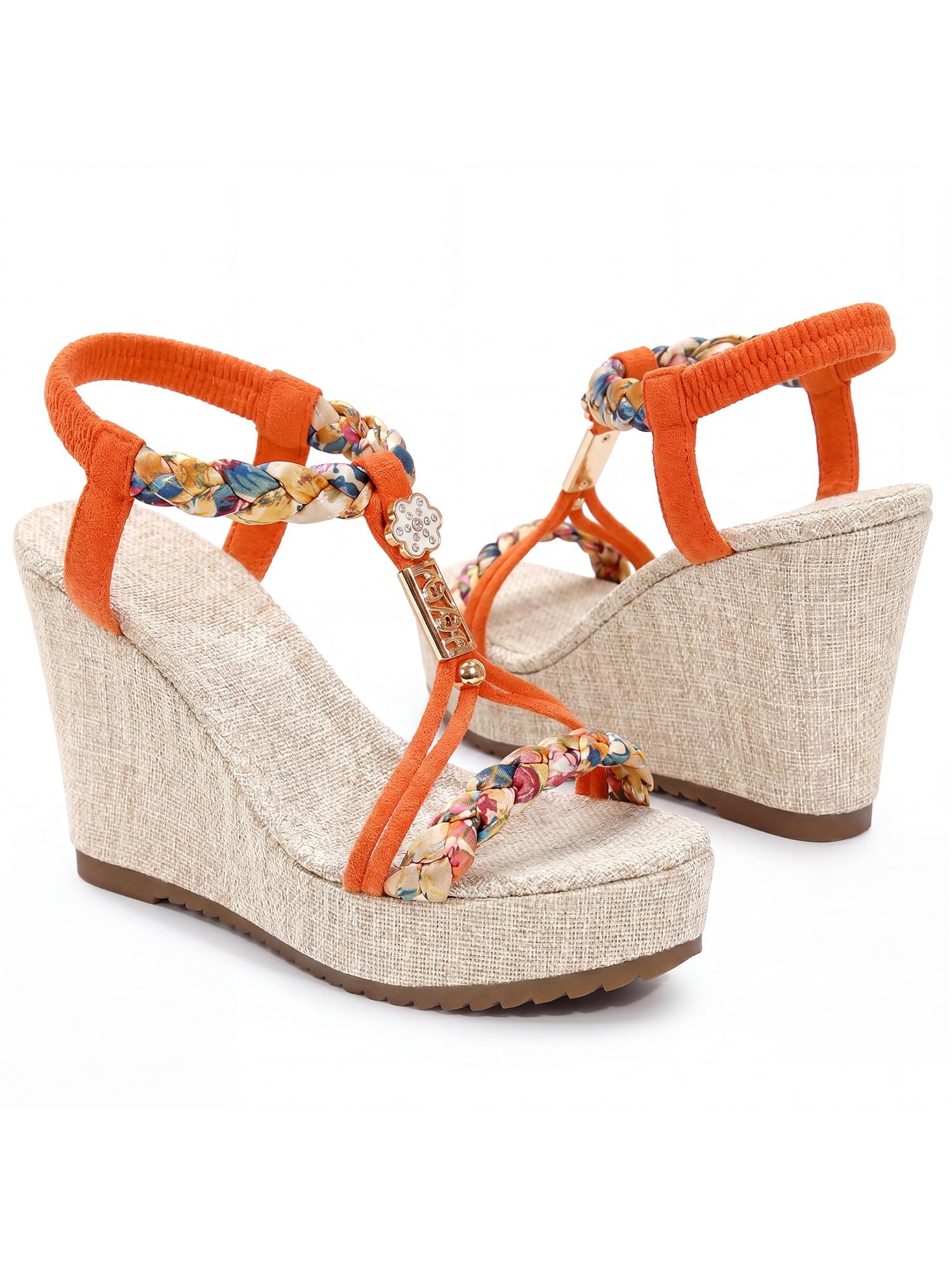 DARING DIVA Women's Stylish Bohemia Pull on Platform Wedge Heel Sandals Orange 6