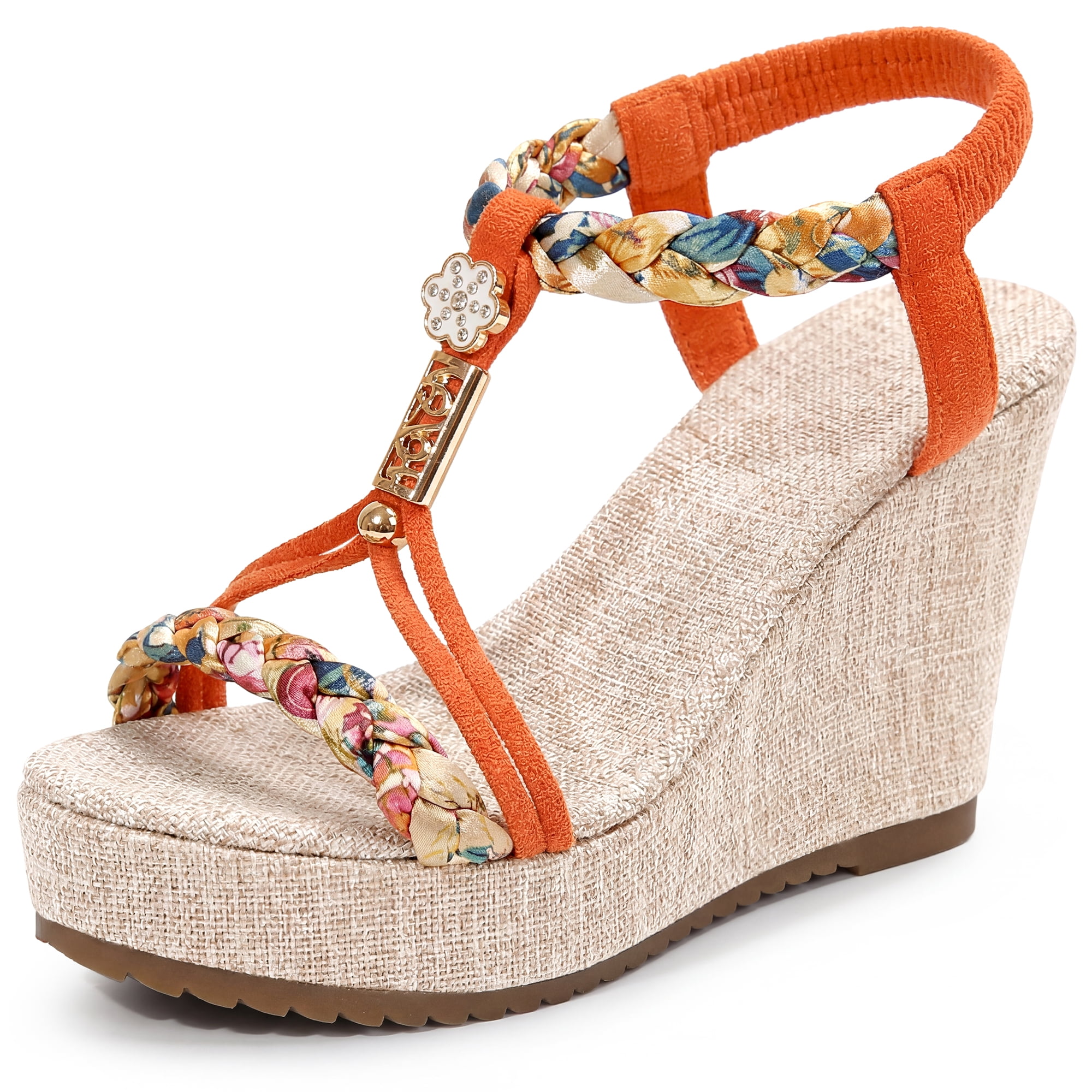 DARING DIVA Women's Stylish Bohemia Pull on Platform Wedge Heel Sandals Orange 7.5