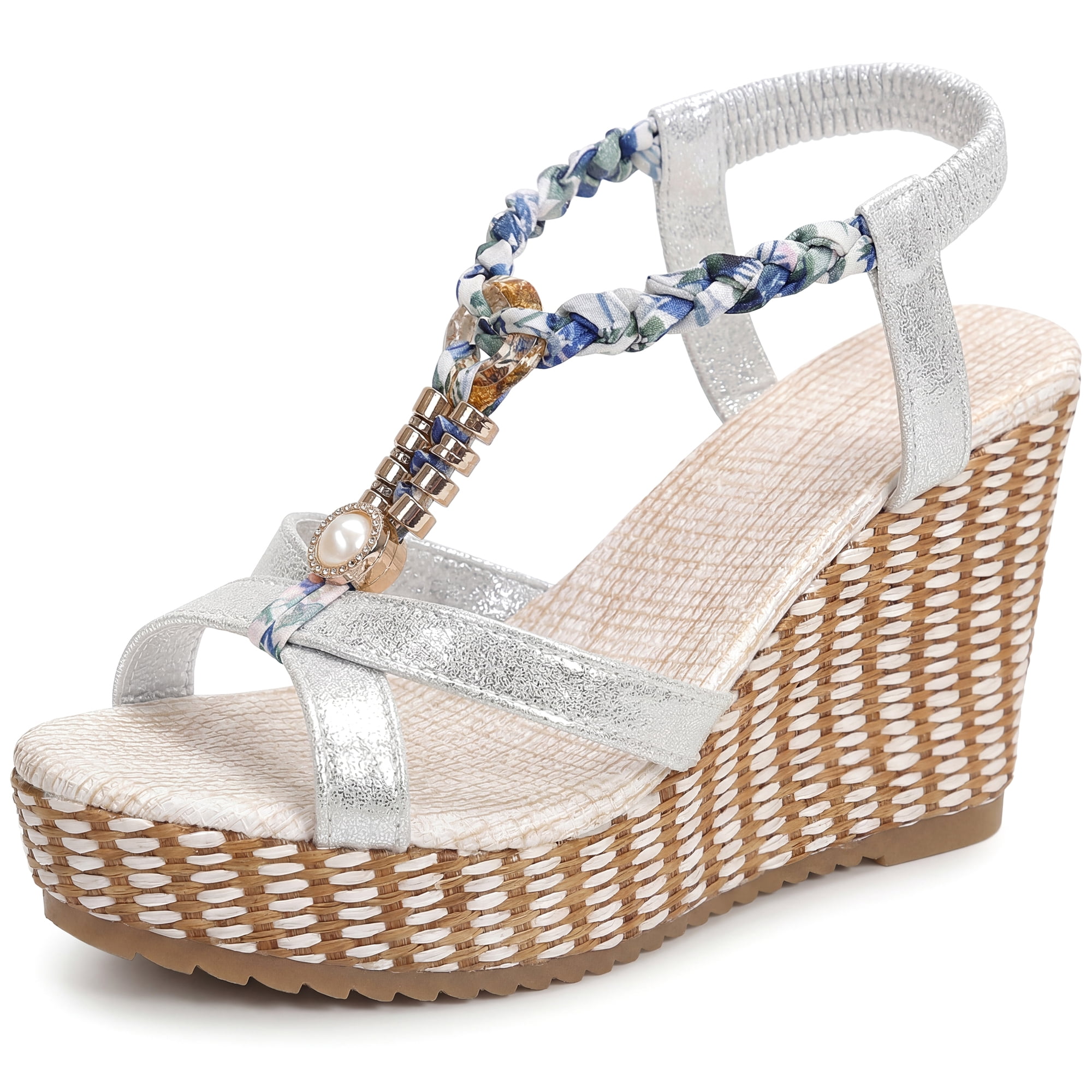 DARING DIVA Women's Stylish Bohemia Pull on Platform Wedge Heel Sandals Silver-1 8.5