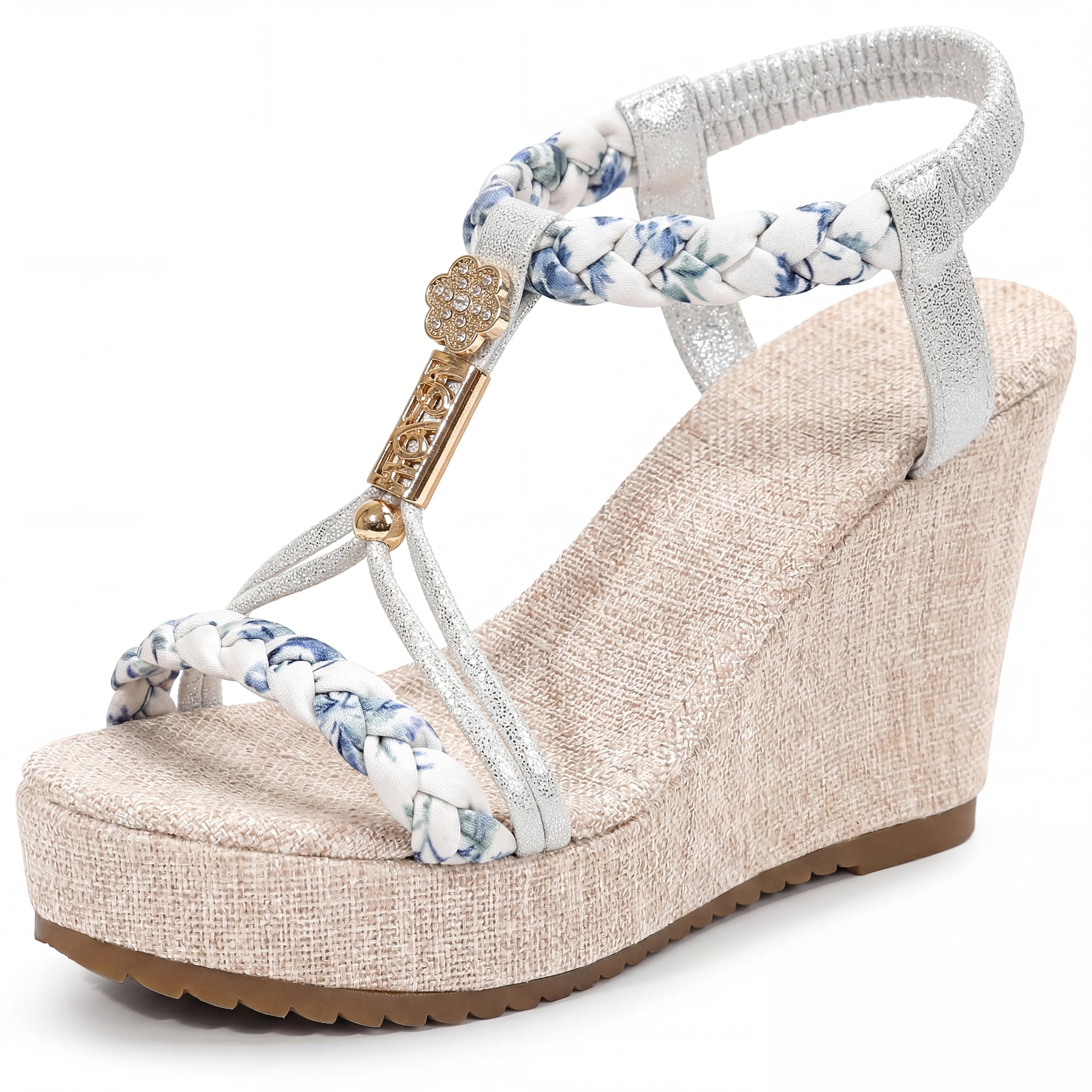 DARING DIVA Women's Stylish Bohemia Pull on Platform Wedge Heel Sandals Silver 10