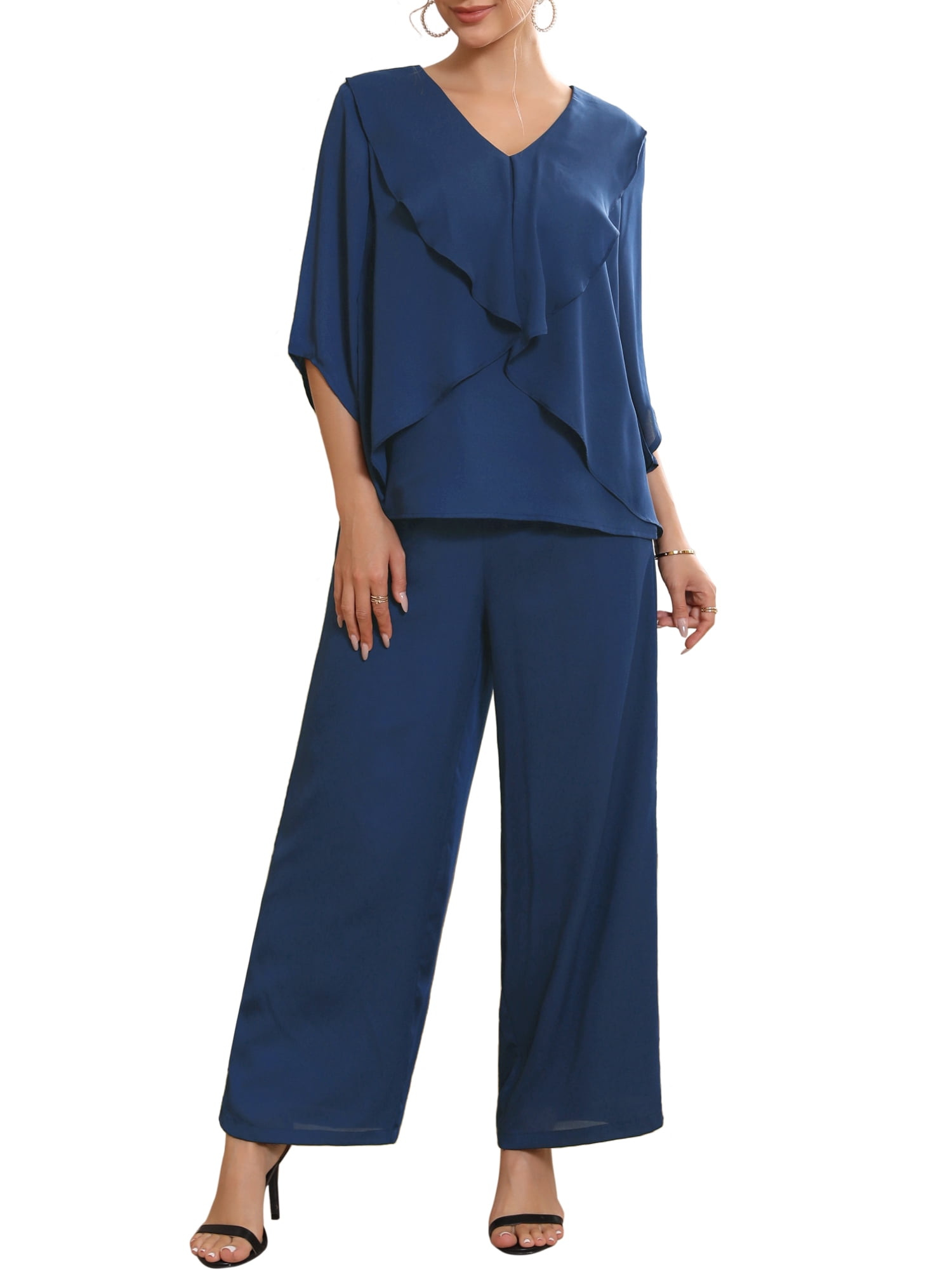 DARING DIVA Women's Stylish Chiffon Ruffles V Neck Wide Legs Pantsuits 2Pcs L Dark Blue