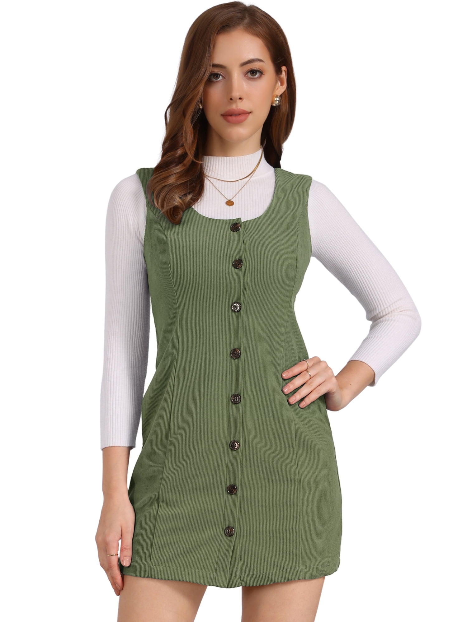 DARING DIVA Women's Stylish Corduroy Overall Scoop Neck Sleeveless Dress L Army Green
