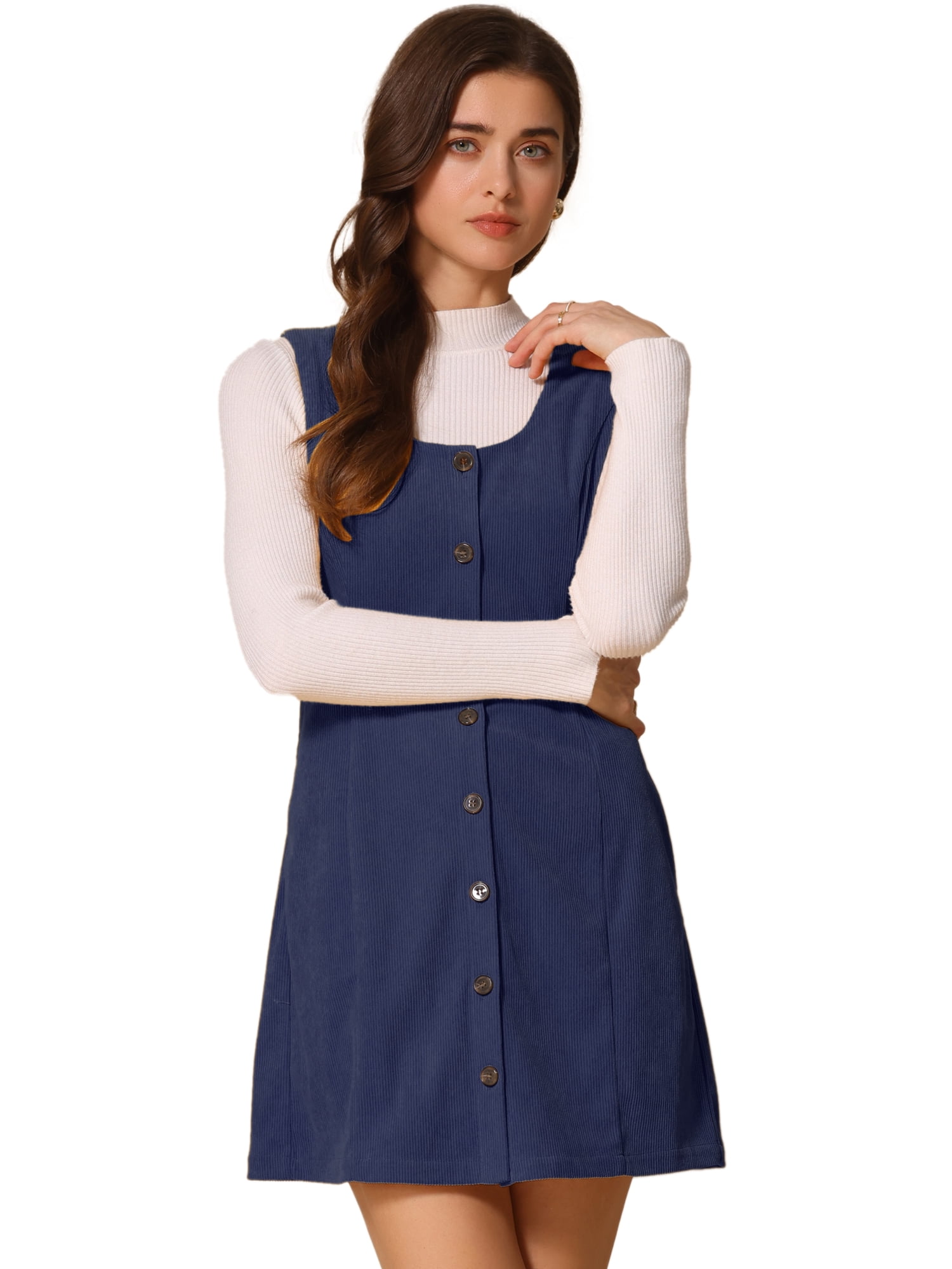 DARING DIVA Women's Stylish Corduroy Overall Scoop Neck Sleeveless Dress L Dark Blue