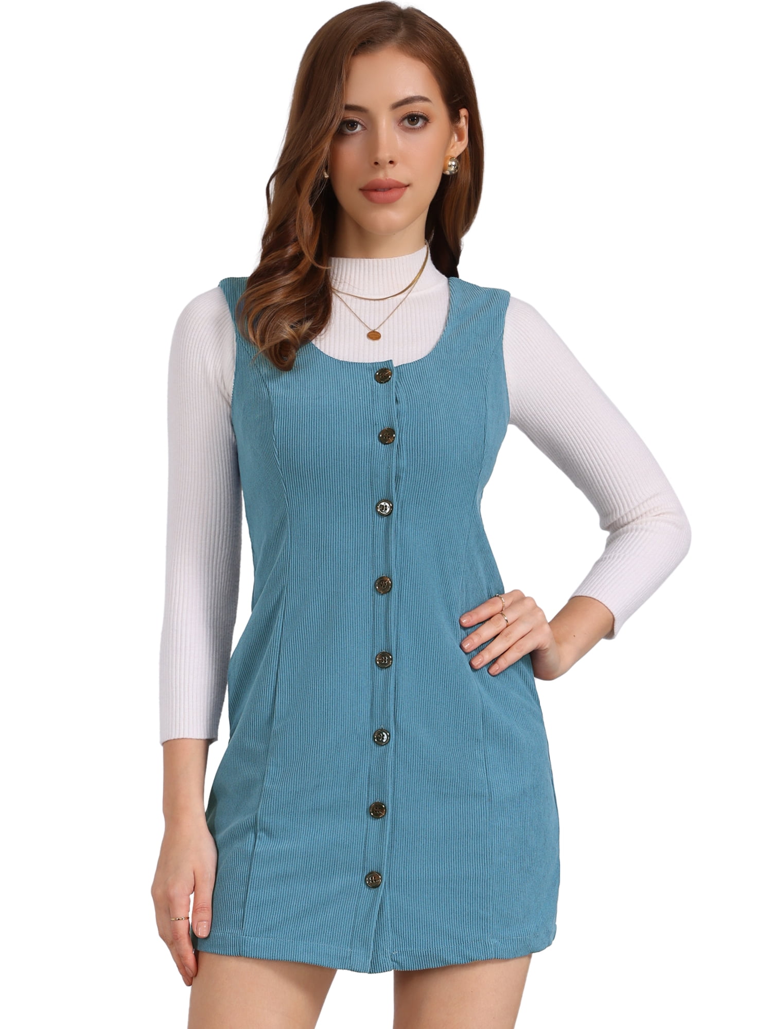 DARING DIVA Women's Stylish Corduroy Overall Scoop Neck Sleeveless Dress XL Blue