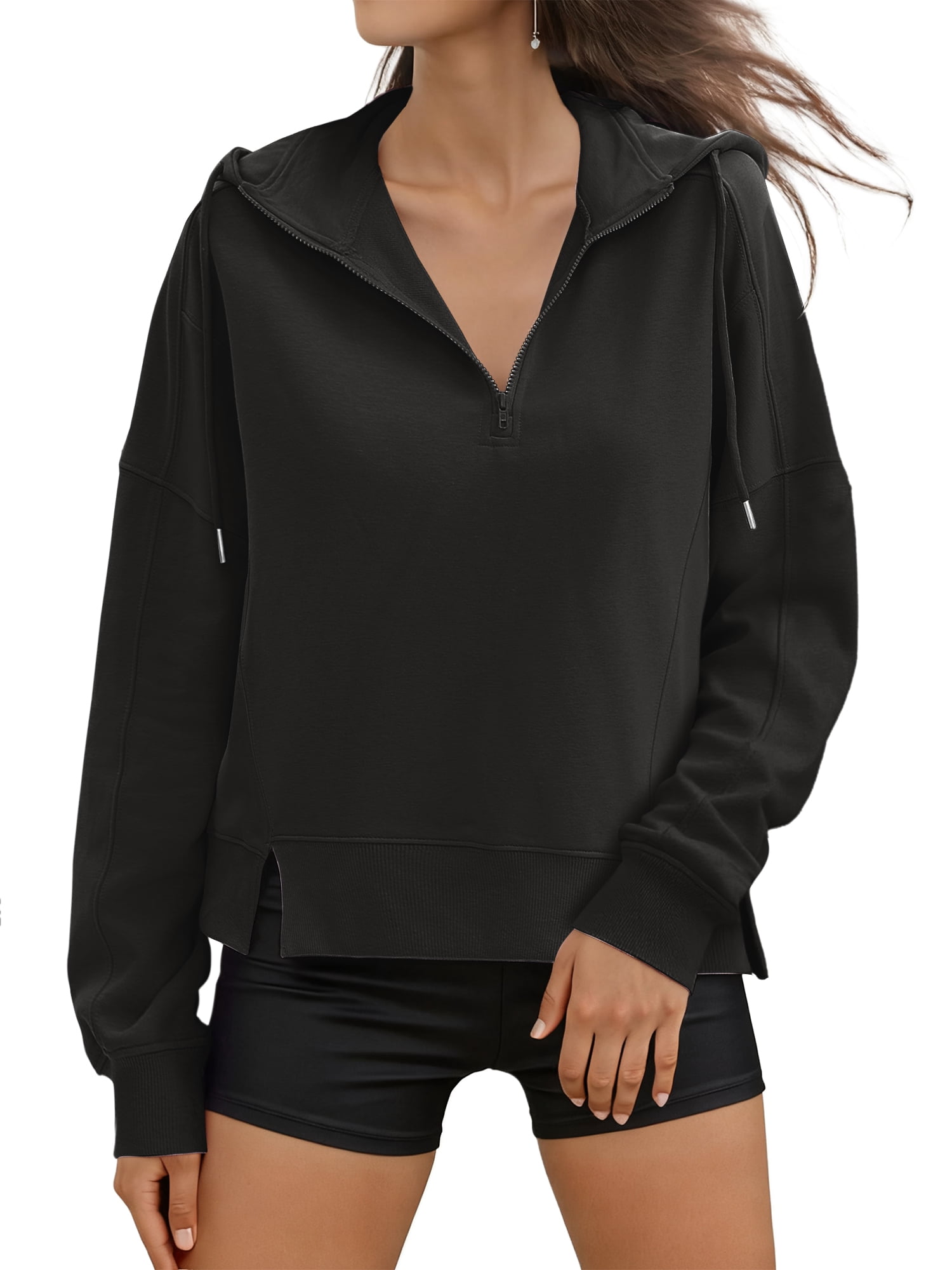 DARING DIVA Women's Stylish Cropped Half Zip Hoodie with Trendy Side Slits L Black