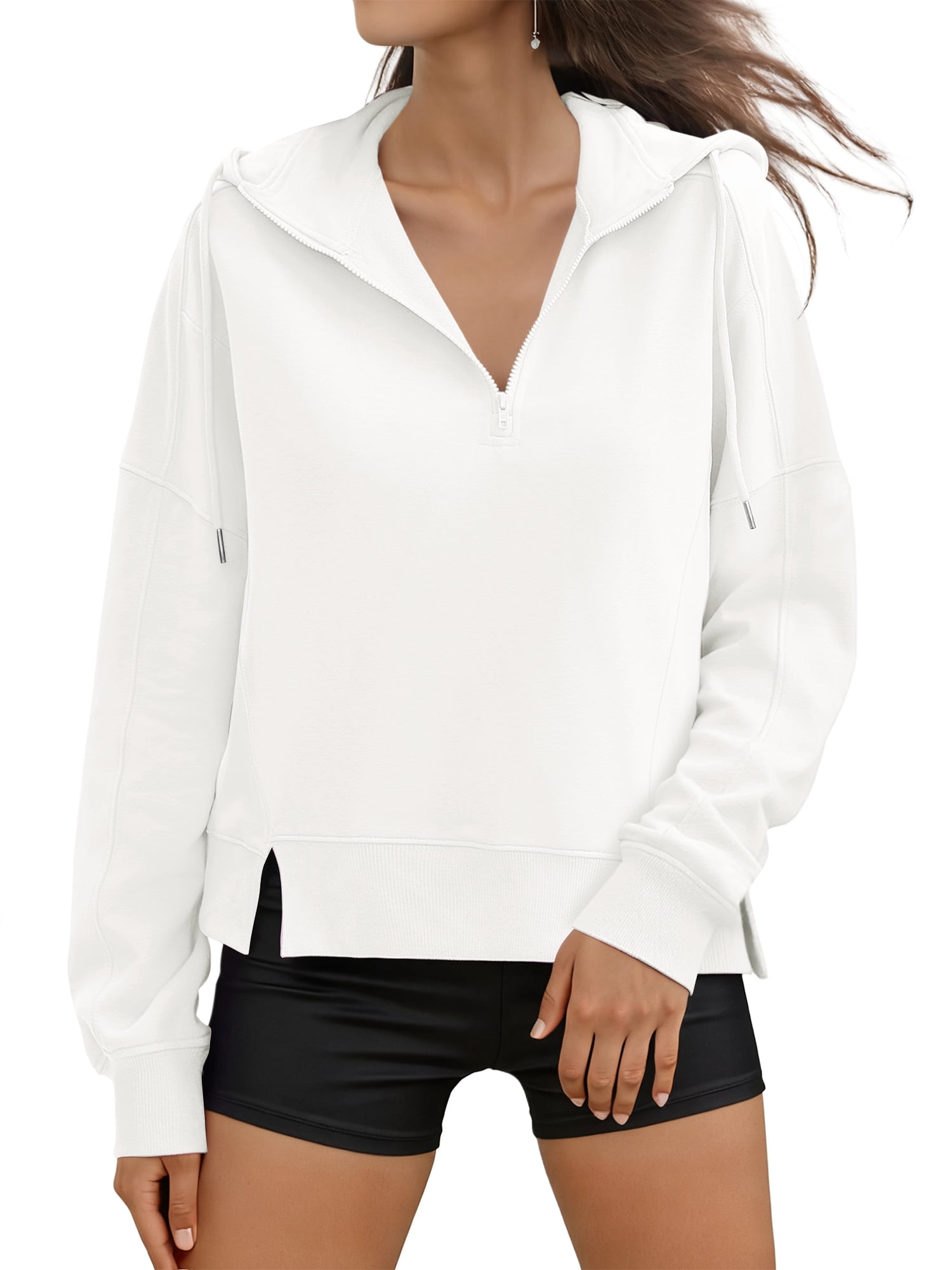 DARING DIVA Women's Stylish Cropped Half Zip Hoodie with Trendy Side Slits L White